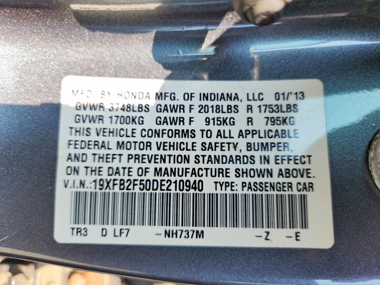 2013 Honda Civic Lx Gray vin: 19XFB2F50DE210940