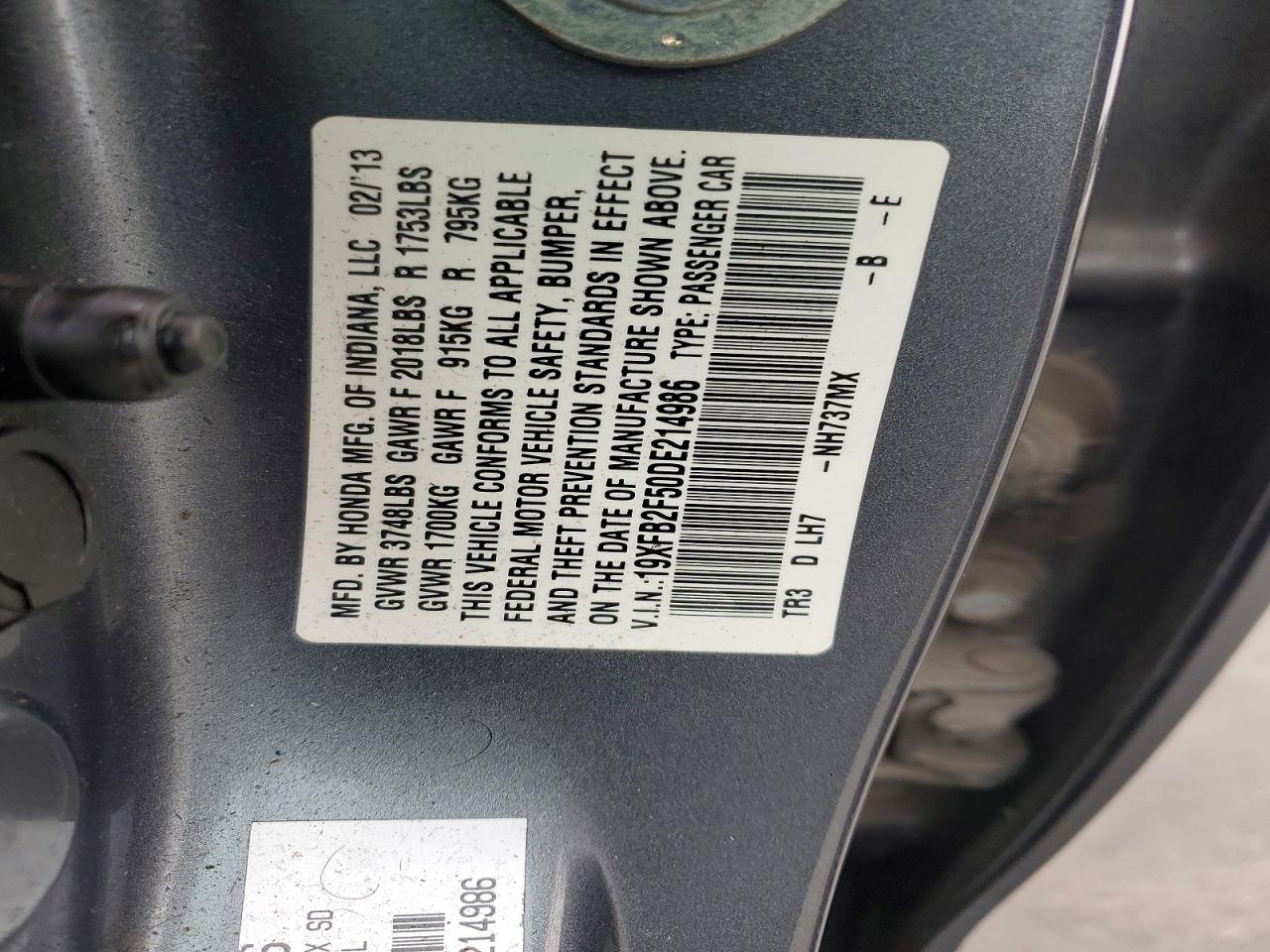 2013 Honda Civic Lx Gray vin: 19XFB2F50DE214986