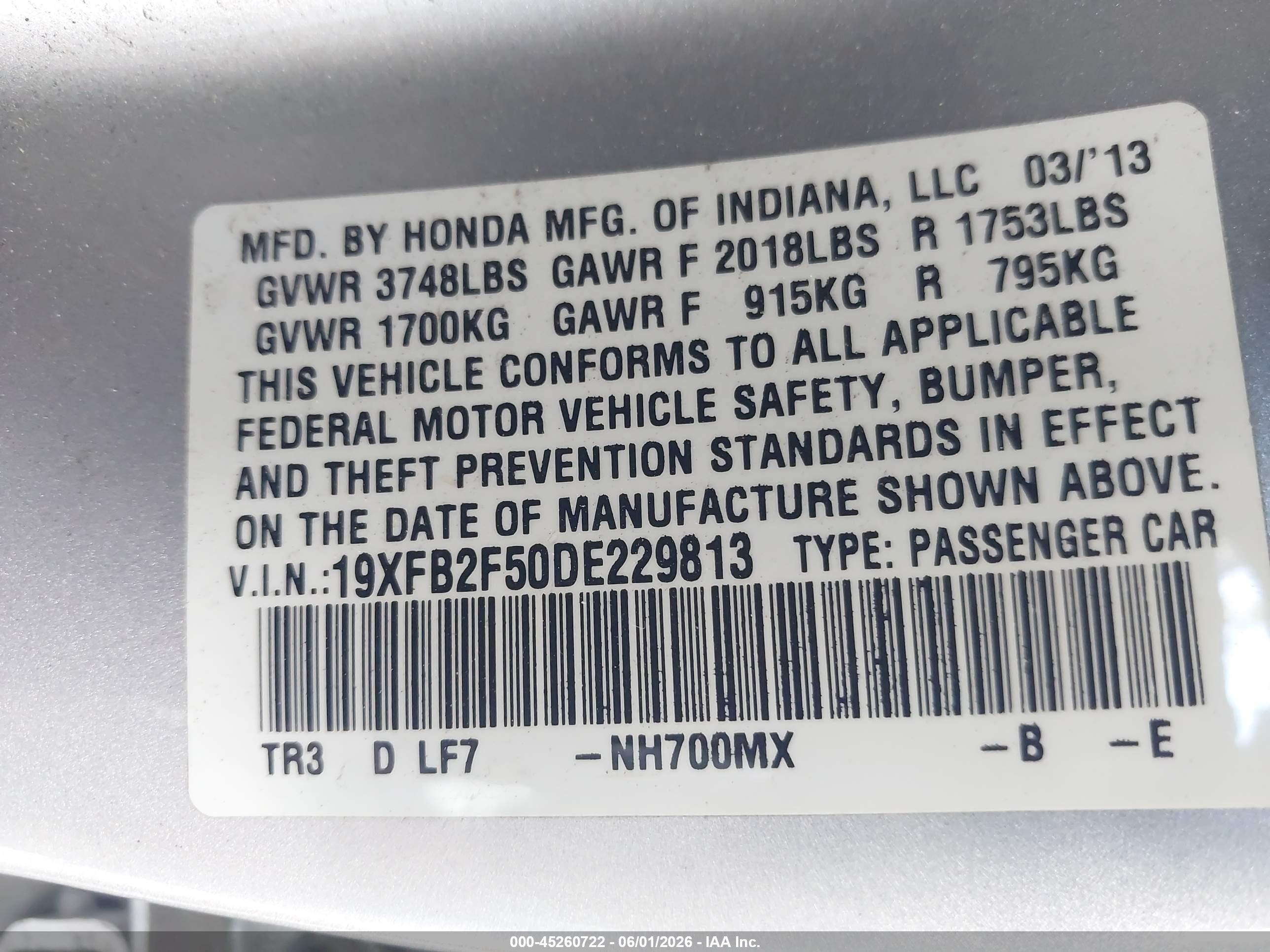 2013 Honda Civic Lx Silver vin: 19XFB2F50DE229813