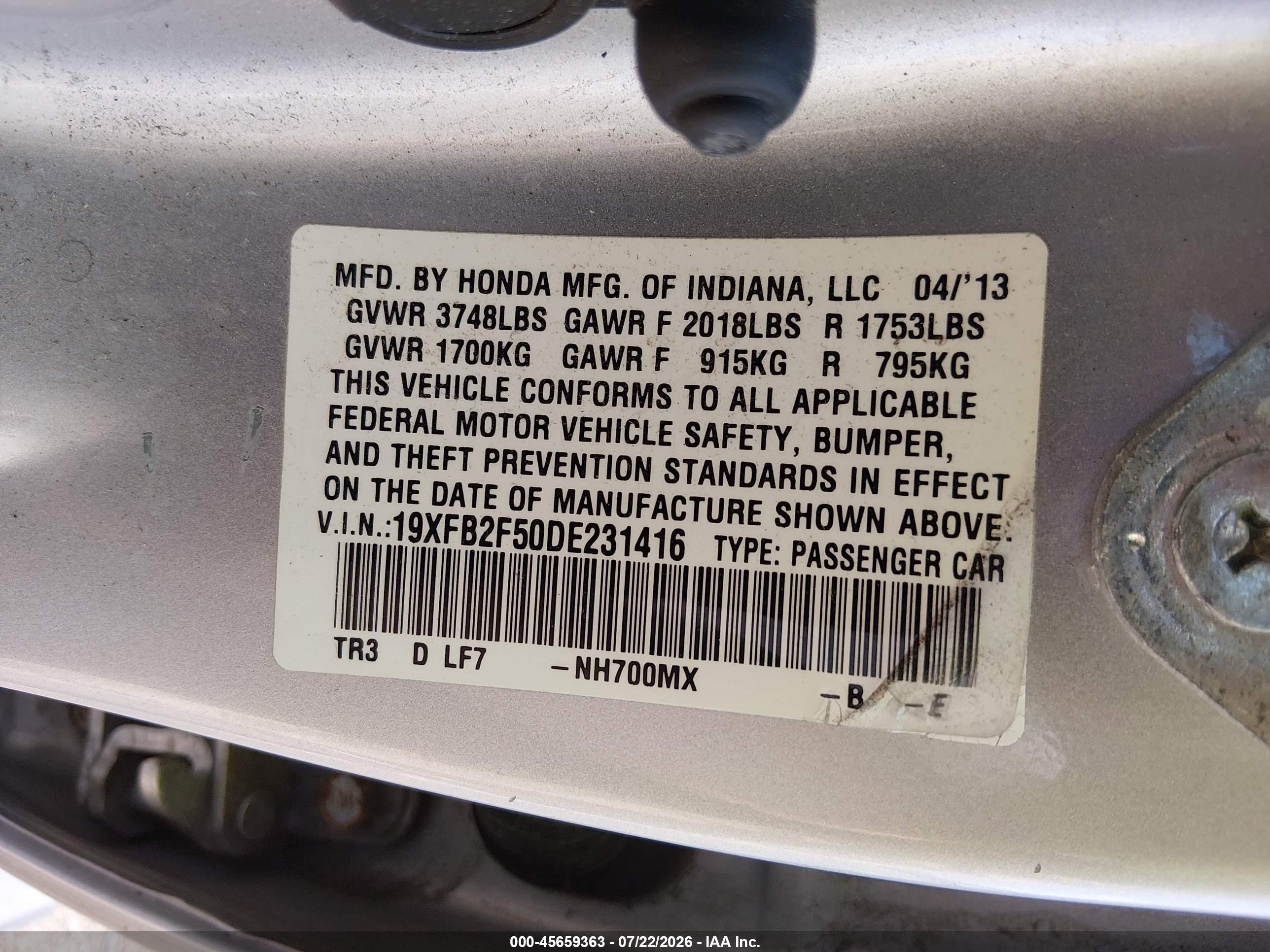 2013 Honda Civic Lx Silver vin: 19XFB2F50DE231416