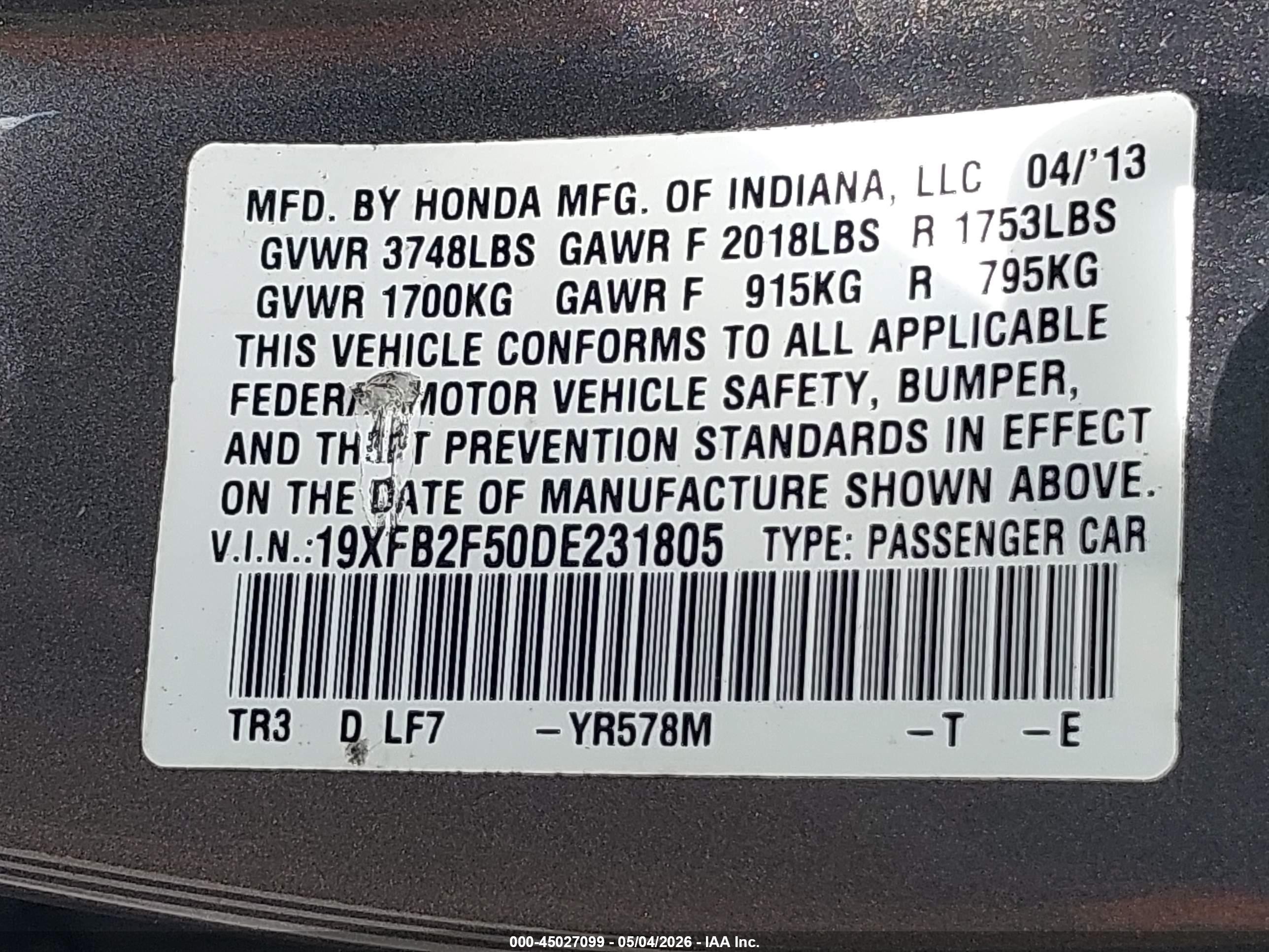 2013 Honda Civic Lx Gray vin: 19XFB2F50DE231805