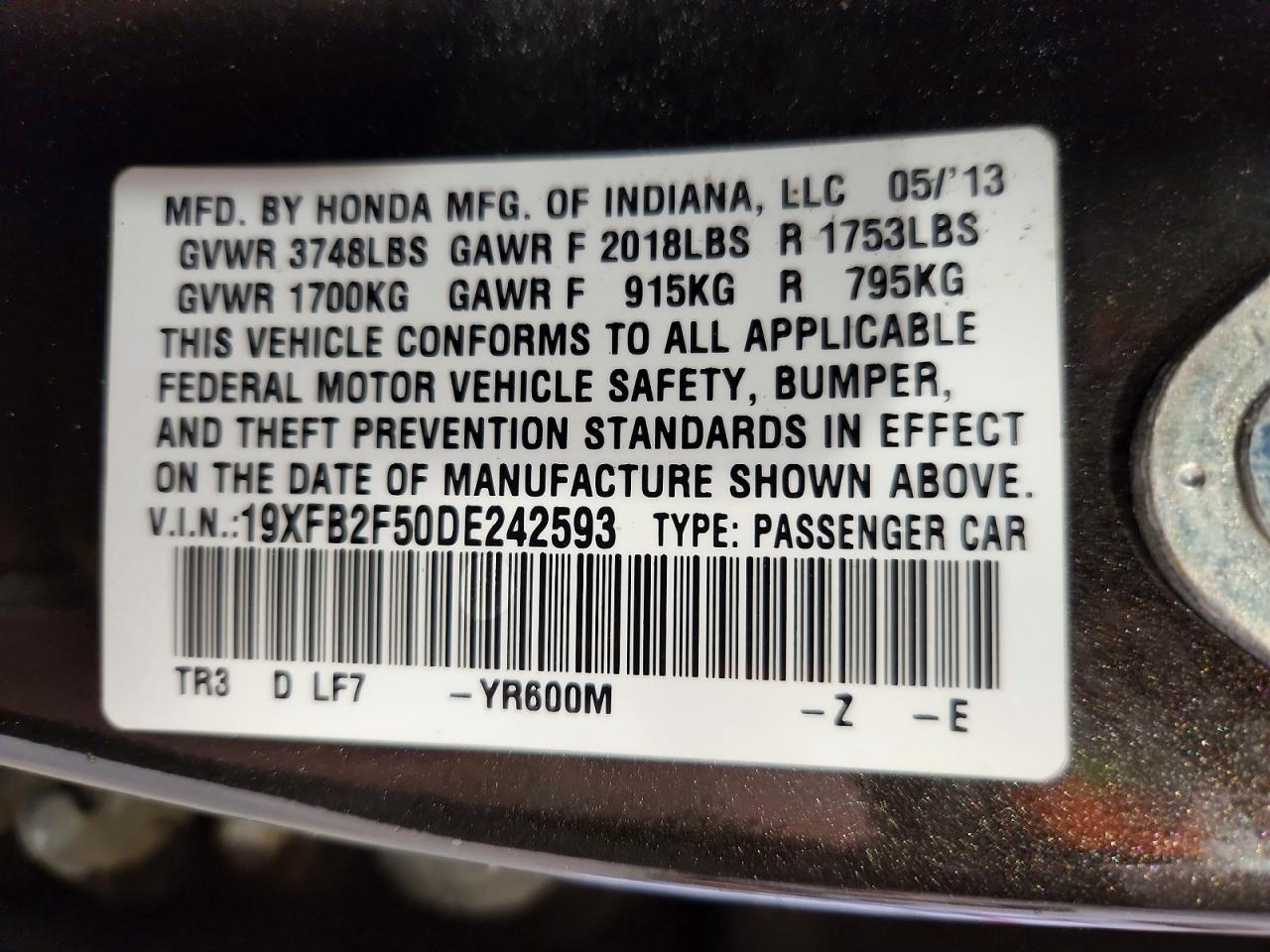 2013 Honda Civic Lx Угольный vin: 19XFB2F50DE242593