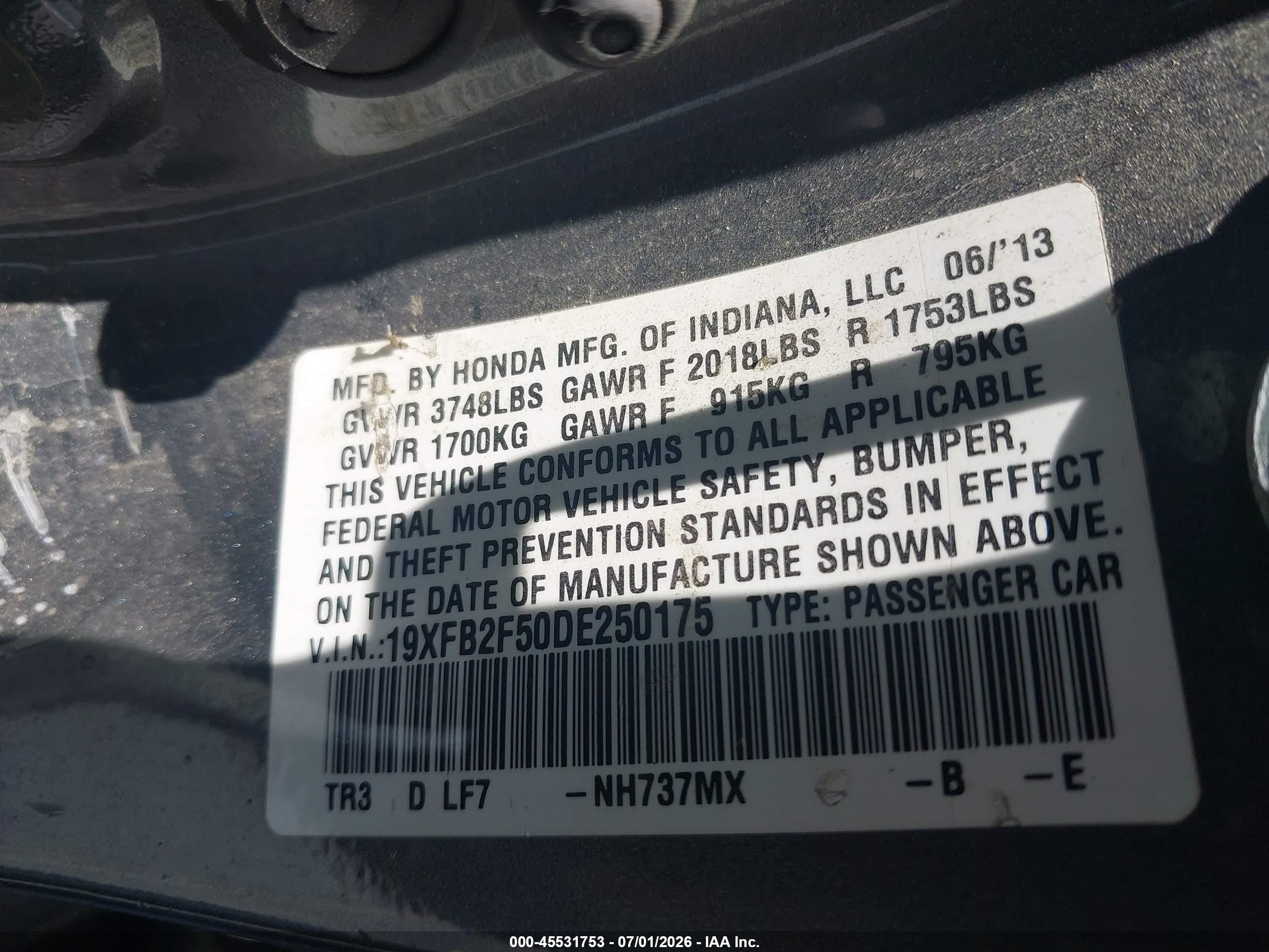 2013 Honda Civic Lx Gray vin: 19XFB2F50DE250175