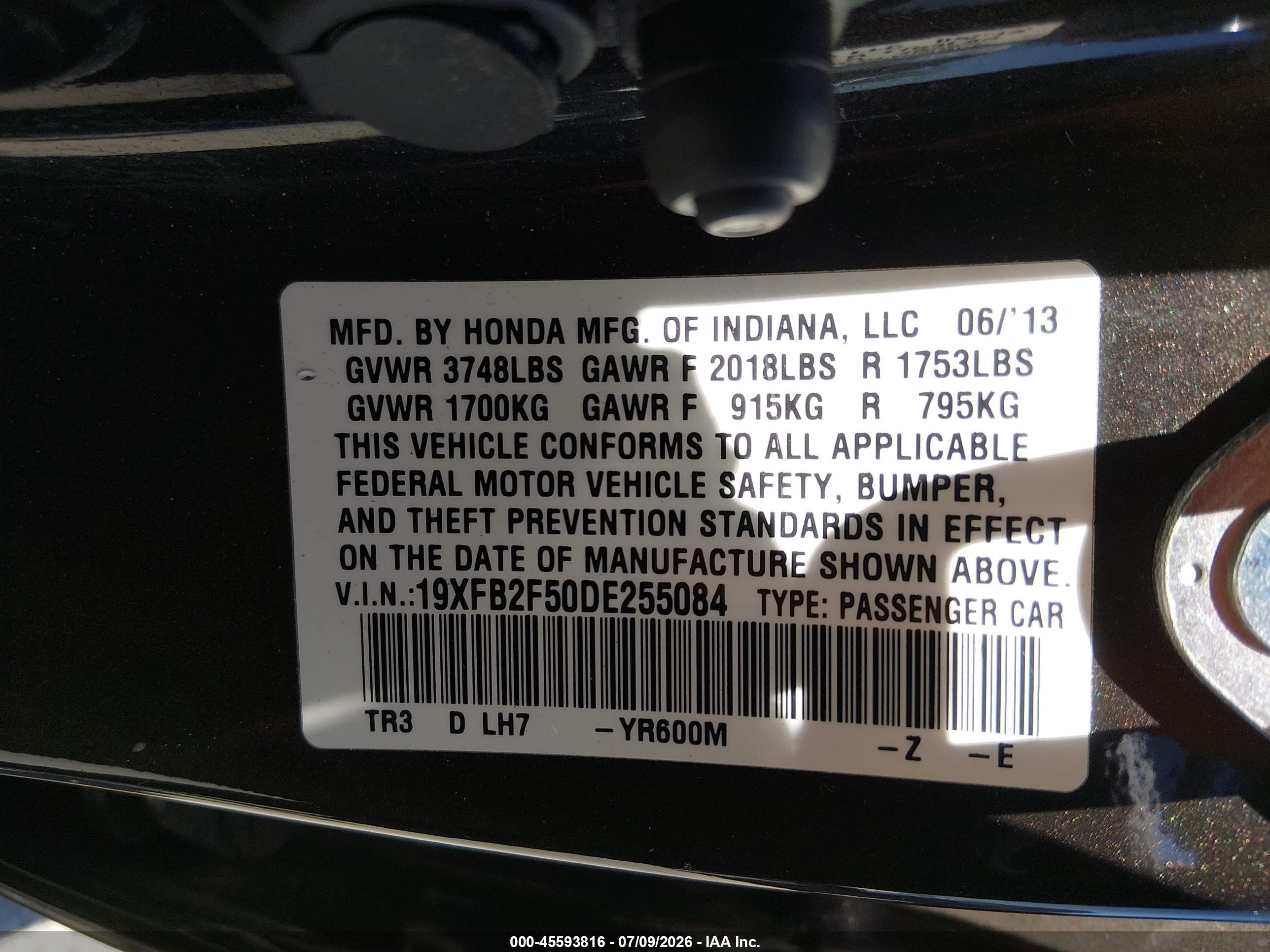 2013 Honda Civic Lx Черный vin: 19XFB2F50DE255084