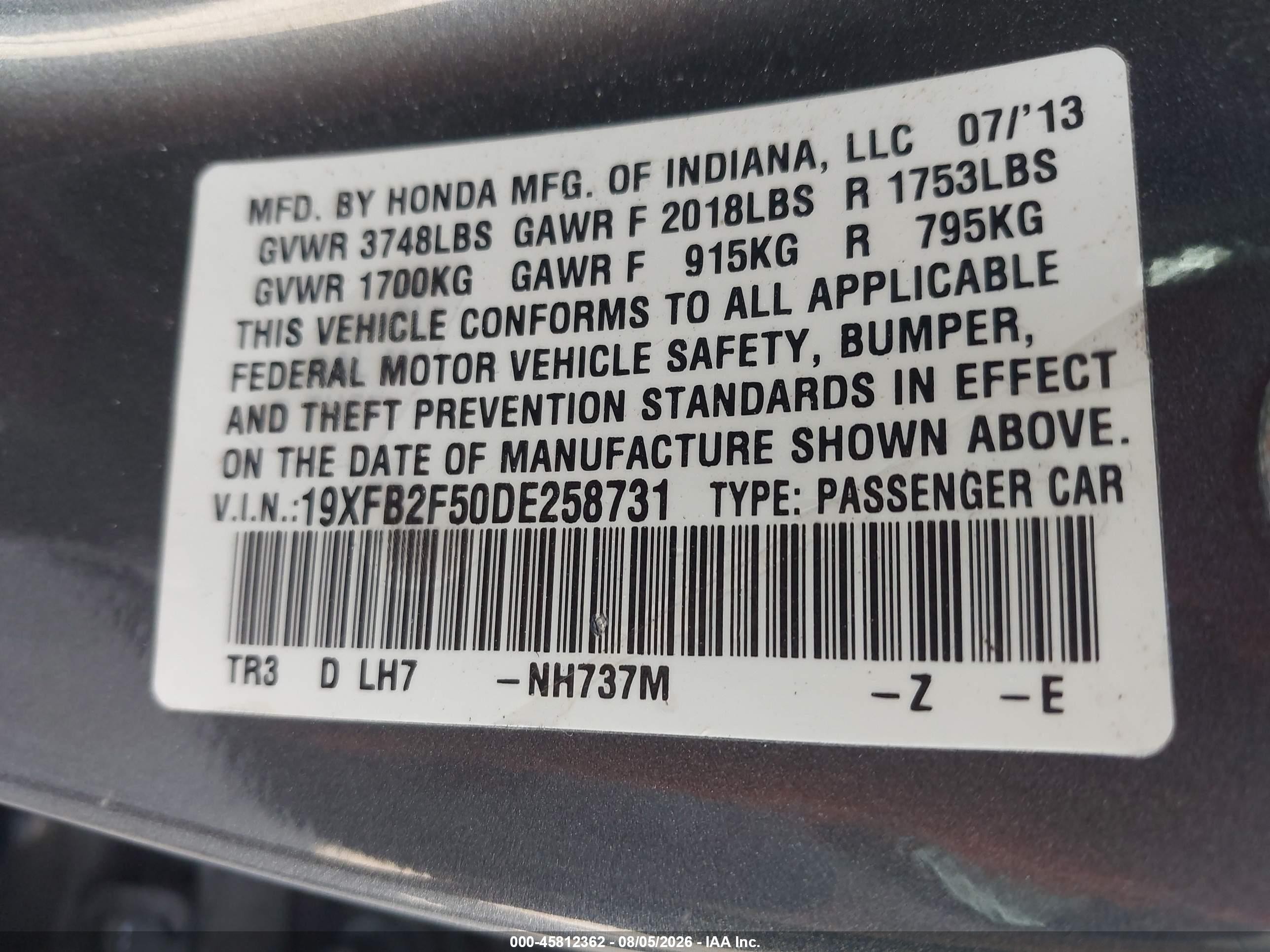 2013 Honda Civic Lx Gray vin: 19XFB2F50DE258731