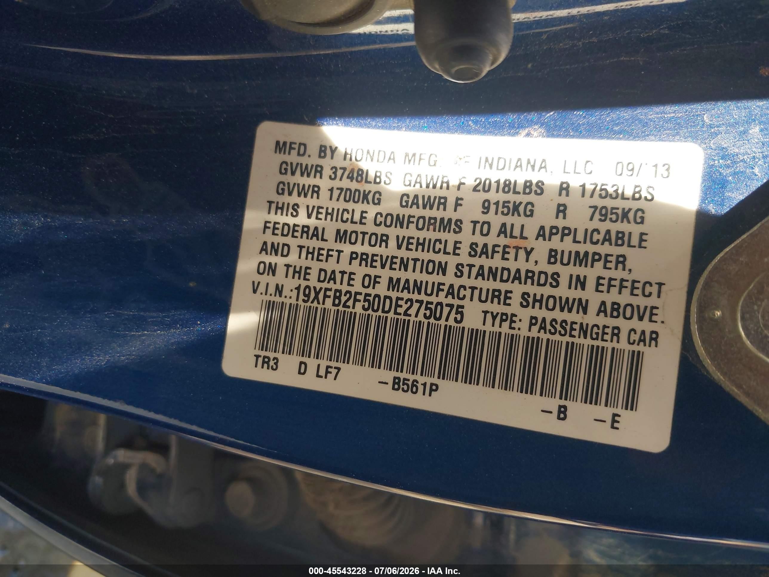 2013 Honda Civic Lx Blue vin: 19XFB2F50DE275075