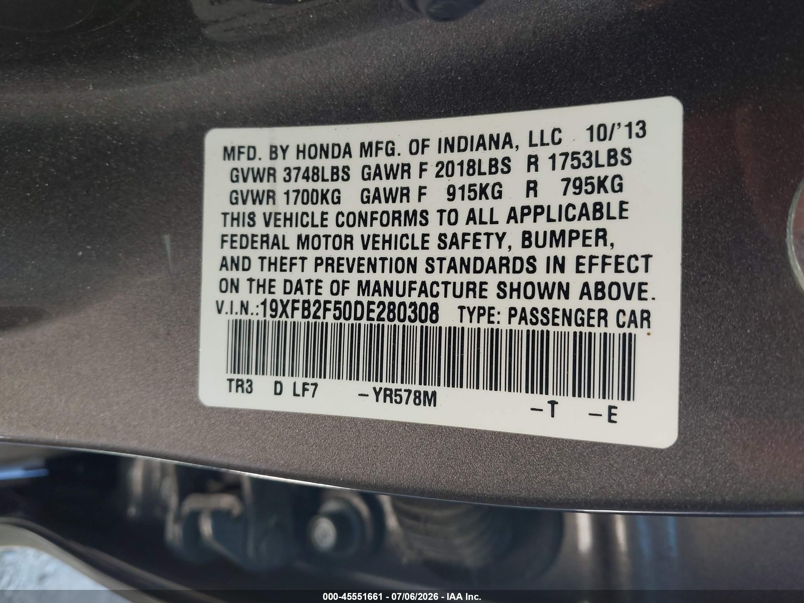 2013 Honda Civic Lx Gray vin: 19XFB2F50DE280308