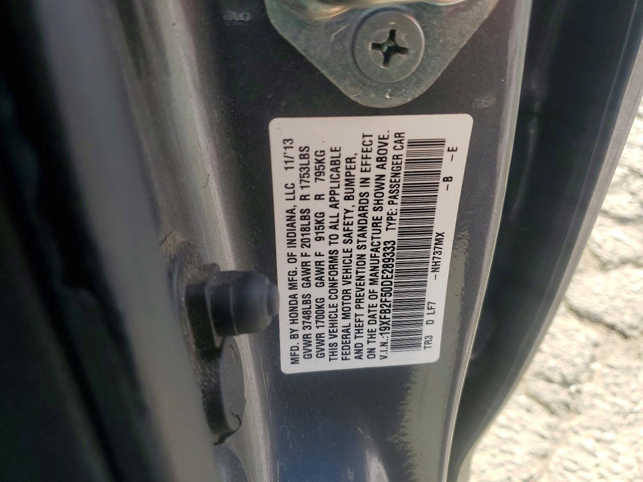 2013 Honda Civic Lx Серый vin: 19XFB2F50DE289333