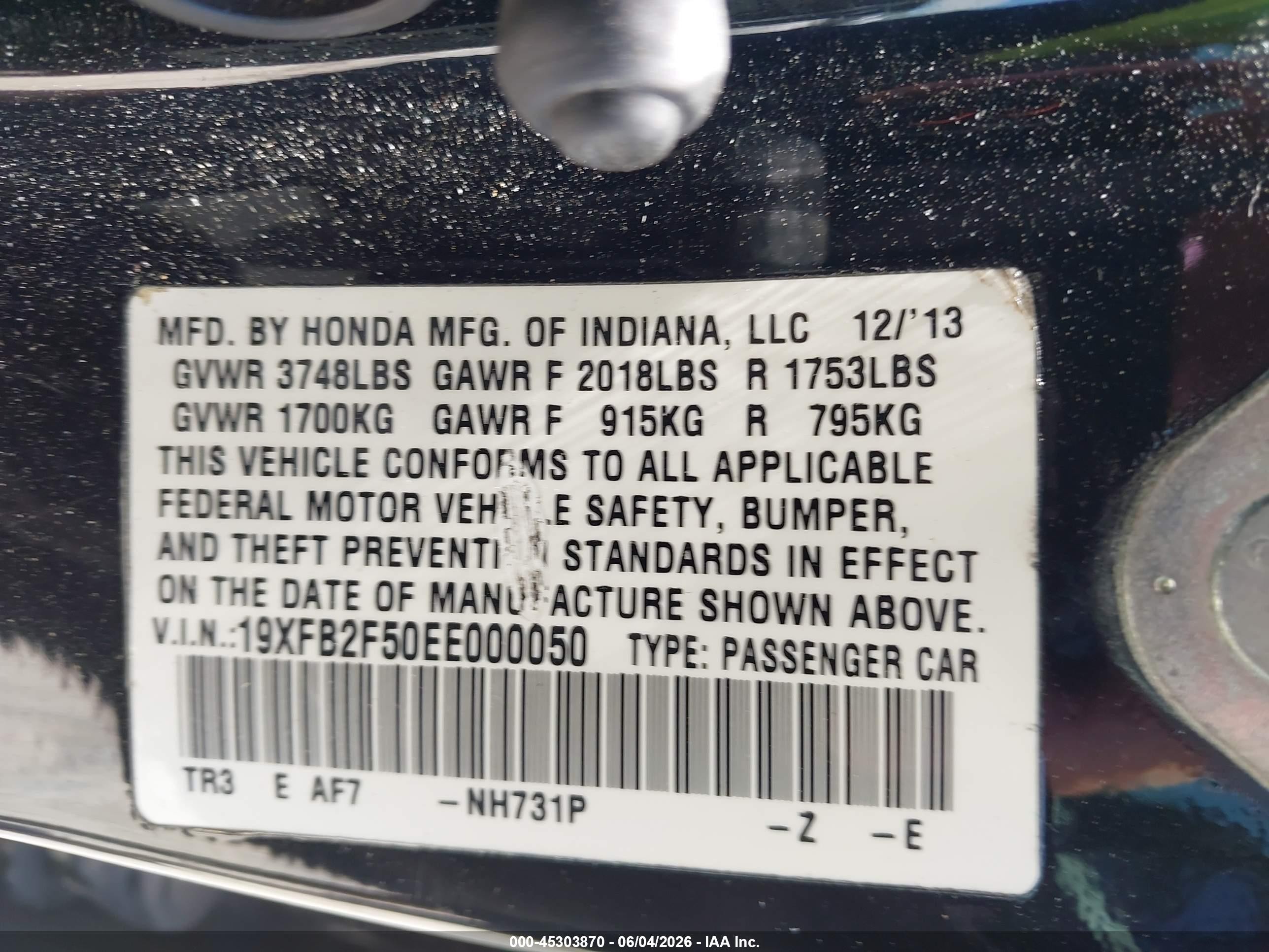 2014 Honda Civic Lx Black vin: 19XFB2F50EE000050