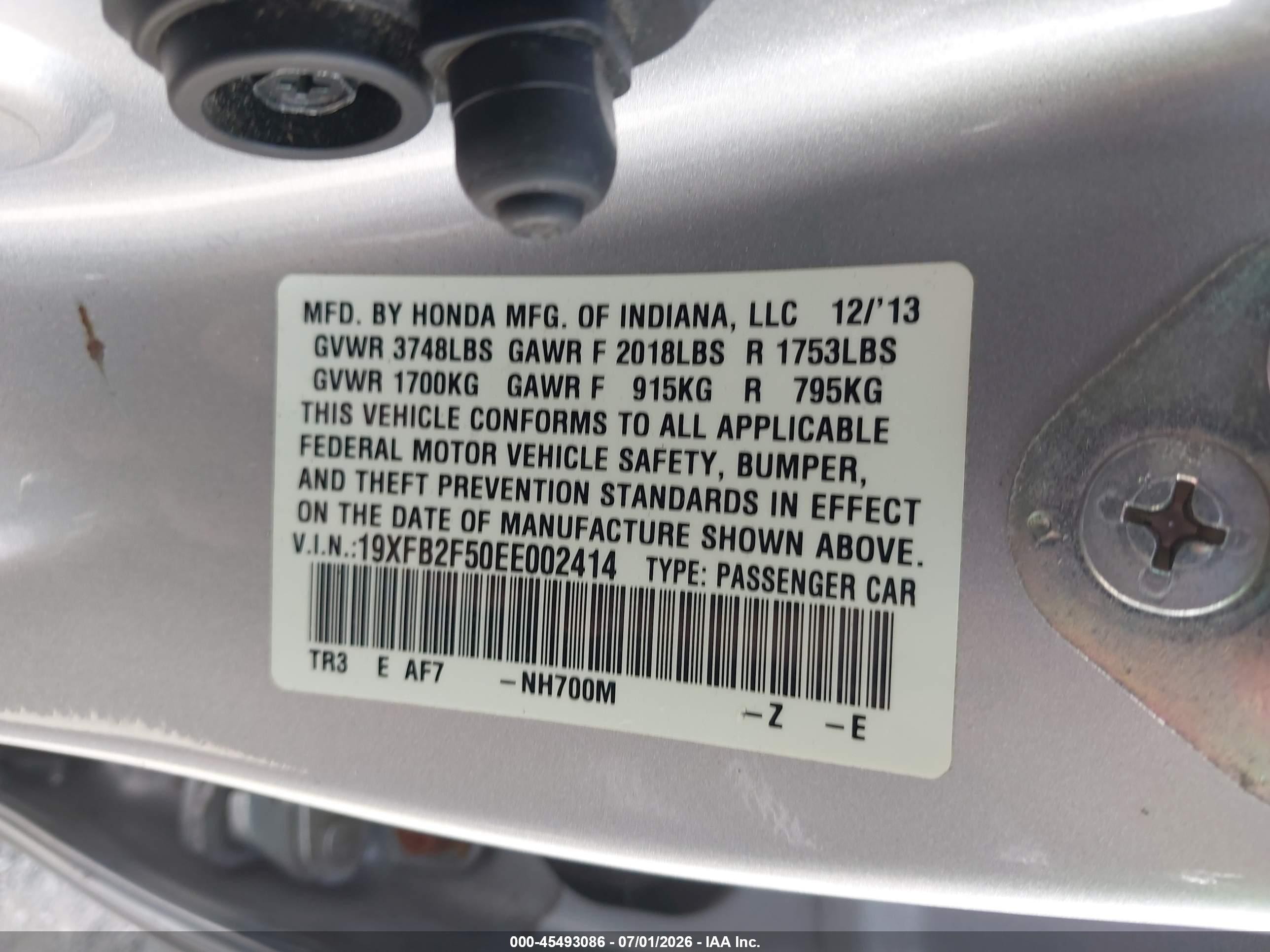 2014 Honda Civic Lx Silver vin: 19XFB2F50EE002414