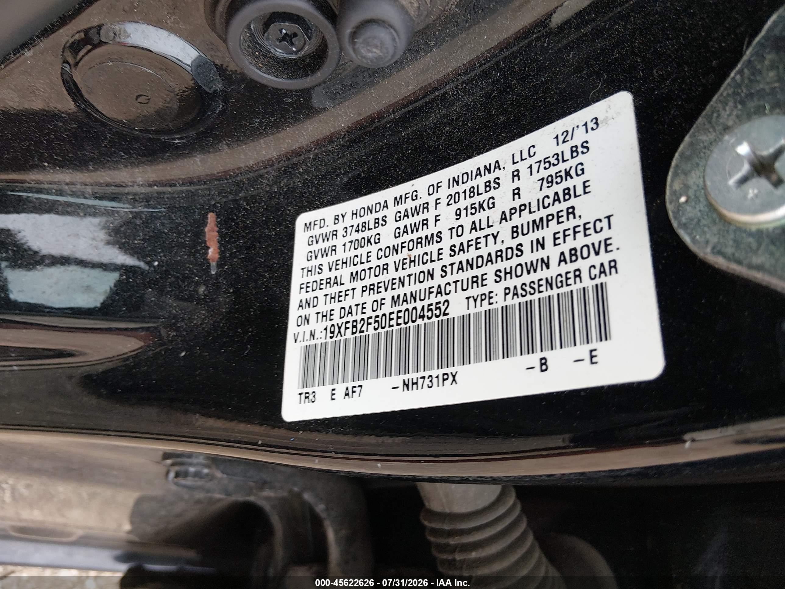 2014 Honda Civic Lx Black vin: 19XFB2F50EE004552