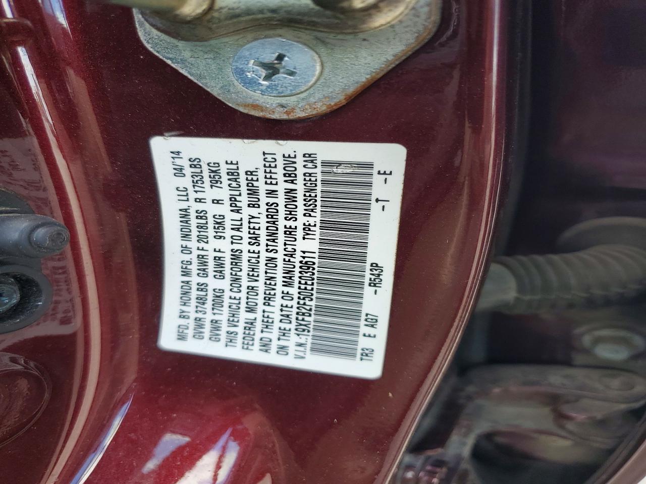2014 Honda Civic Lx Maroon vin: 19XFB2F50EE039611