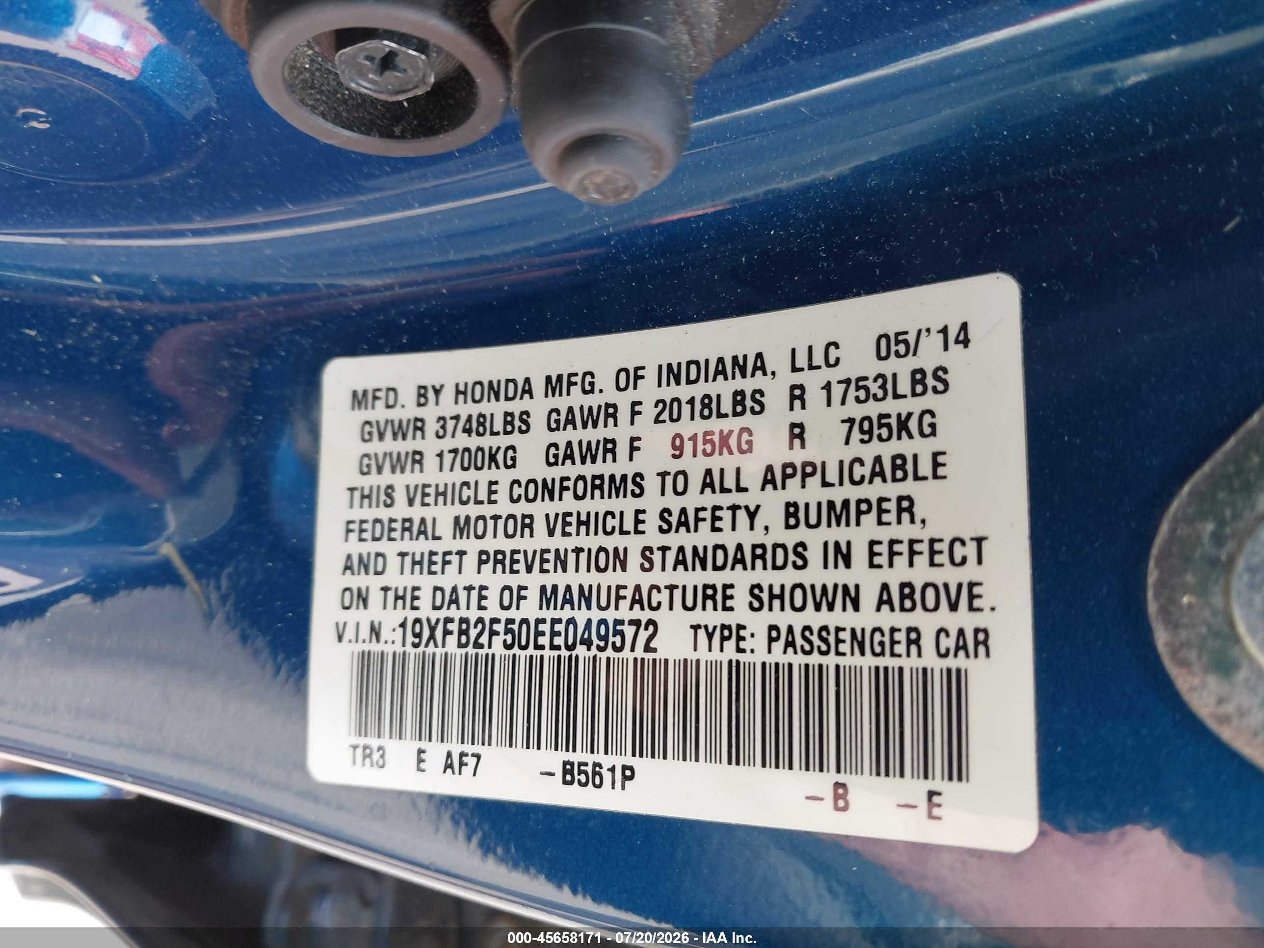 2014 Honda Civic Lx Blue vin: 19XFB2F50EE049572