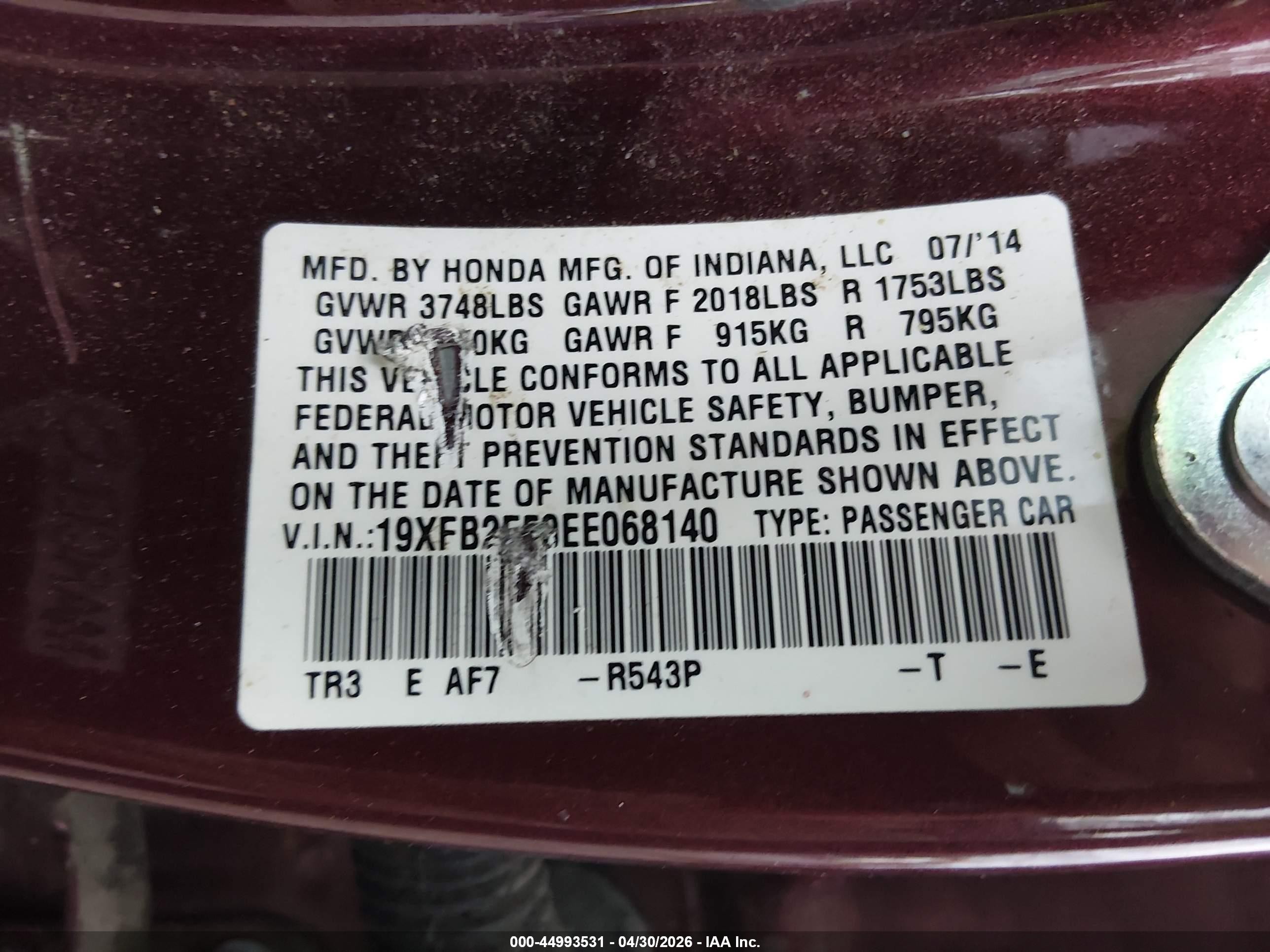 2014 Honda Civic Lx Red vin: 19XFB2F50EE068140