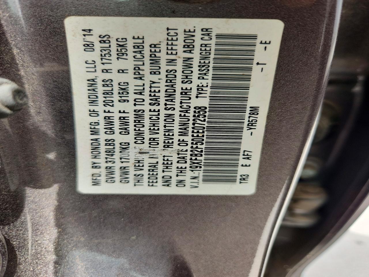 2014 Honda Civic Lx Gray vin: 19XFB2F50EE072558
