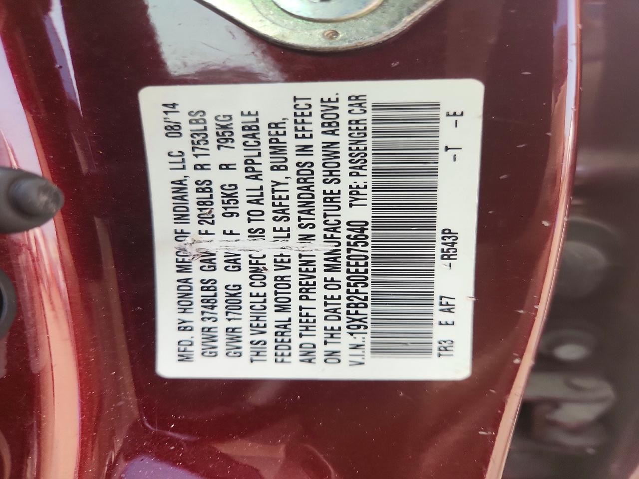 2014 Honda Civic Lx Burgundy vin: 19XFB2F50EE075640