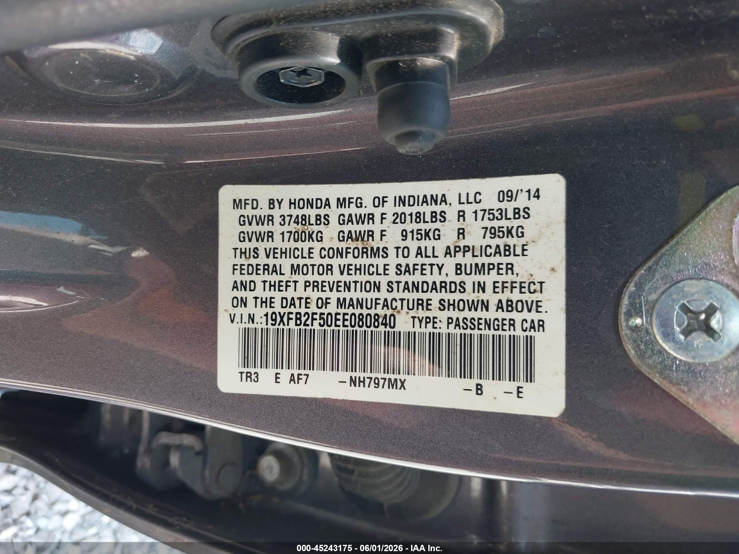 2014 Honda Civic Lx Gray vin: 19XFB2F50EE080840