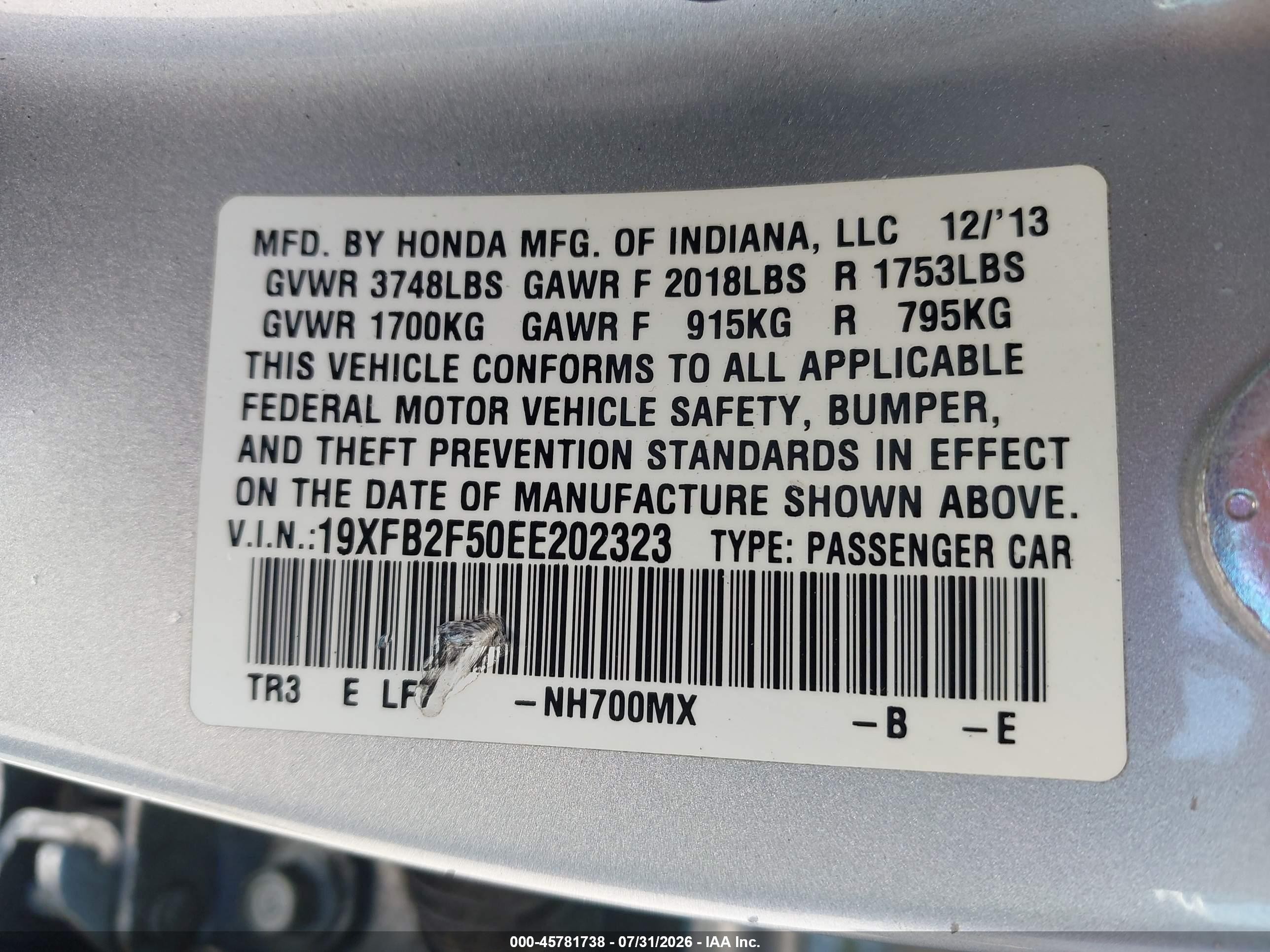 2014 Honda Civic Lx Silver vin: 19XFB2F50EE202323
