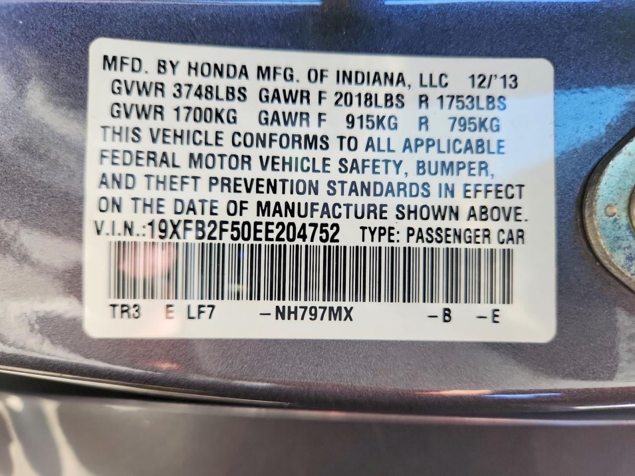 2014 Honda Civic Lx Gray vin: 19XFB2F50EE204752