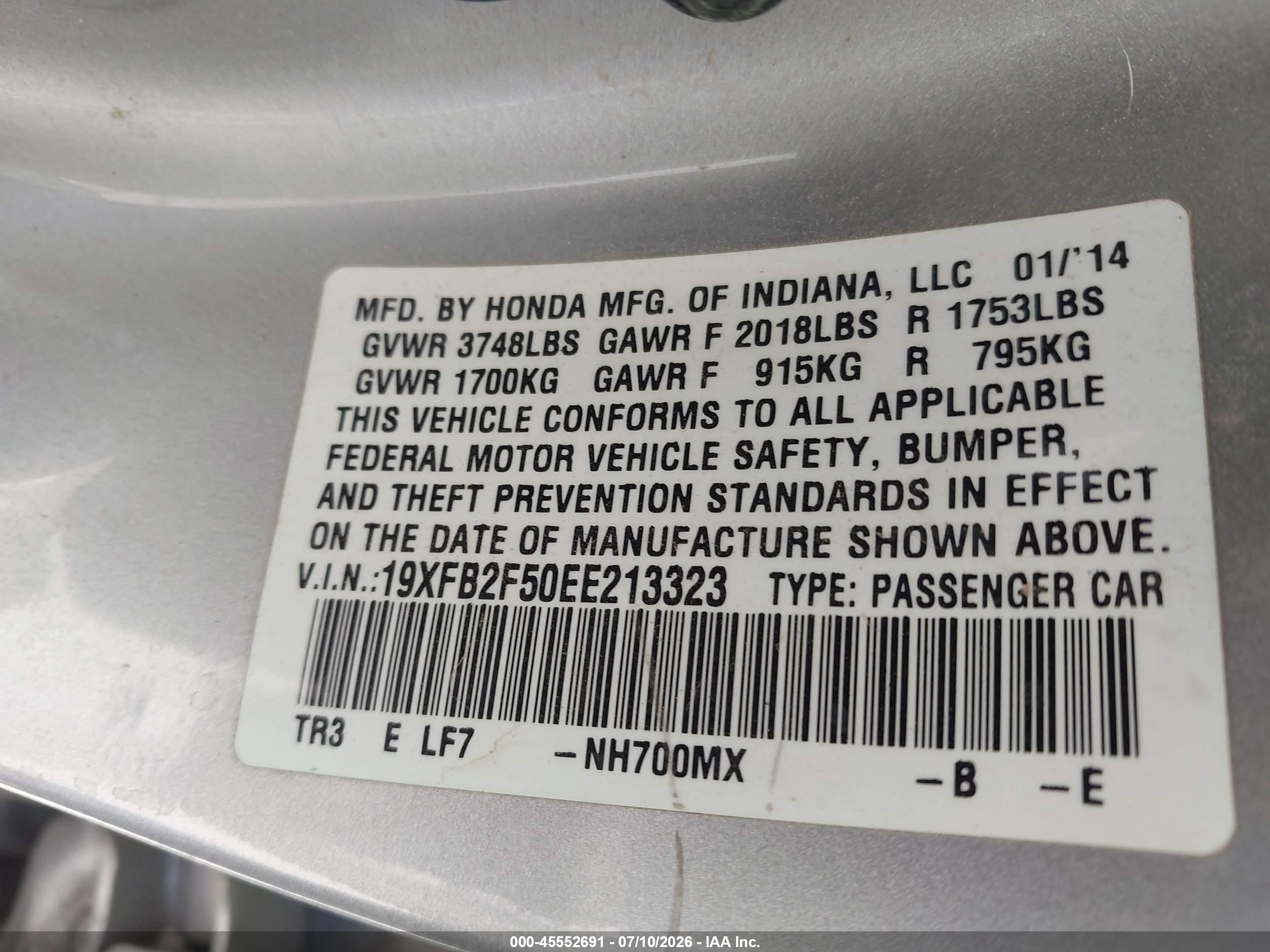 2014 Honda Civic Lx Silver vin: 19XFB2F50EE213323