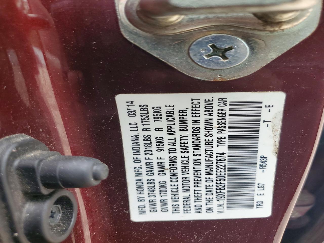 2014 Honda Civic Lx Burgundy vin: 19XFB2F50EE227674