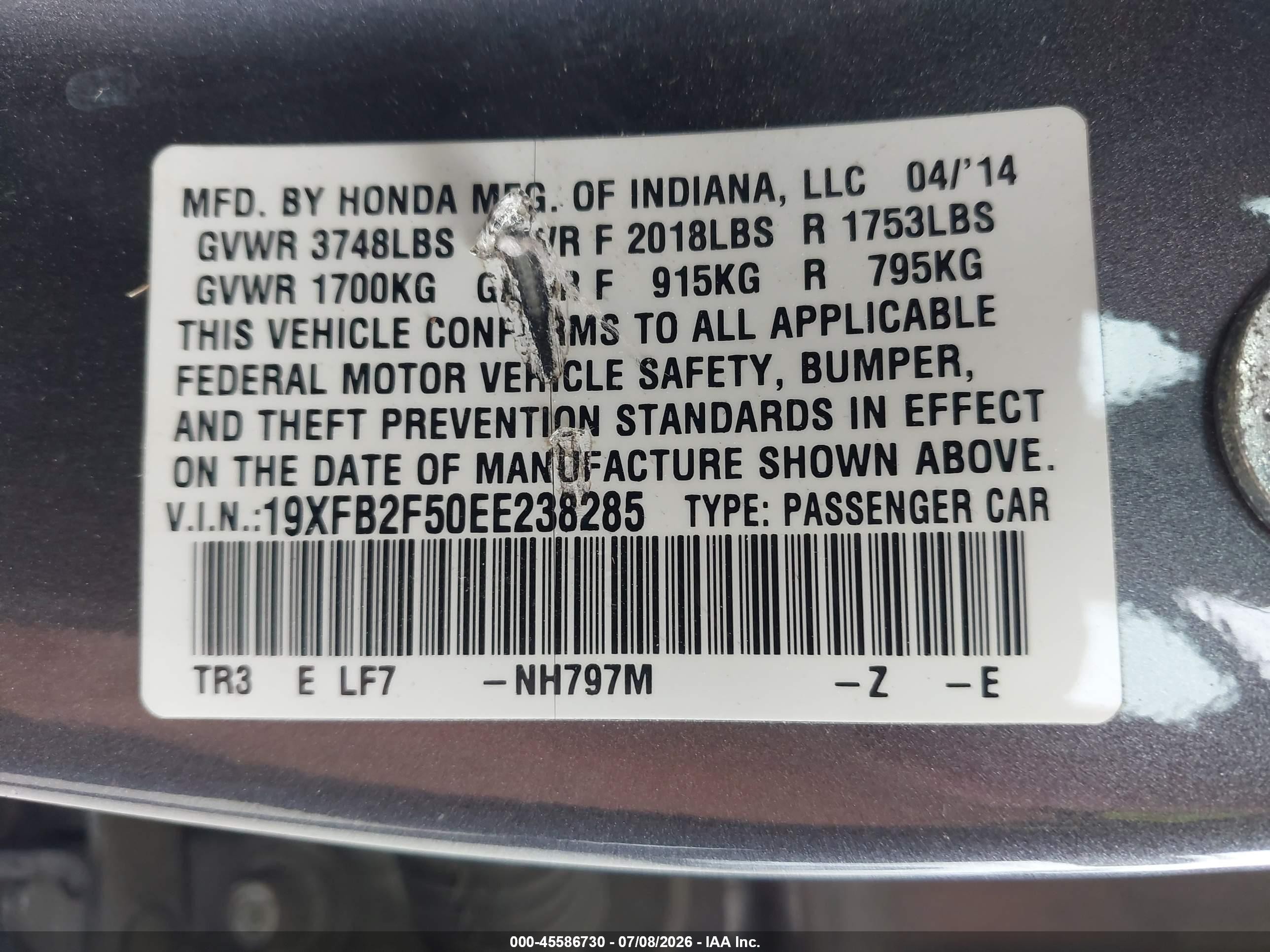 2014 Honda Civic Lx Gray vin: 19XFB2F50EE238285