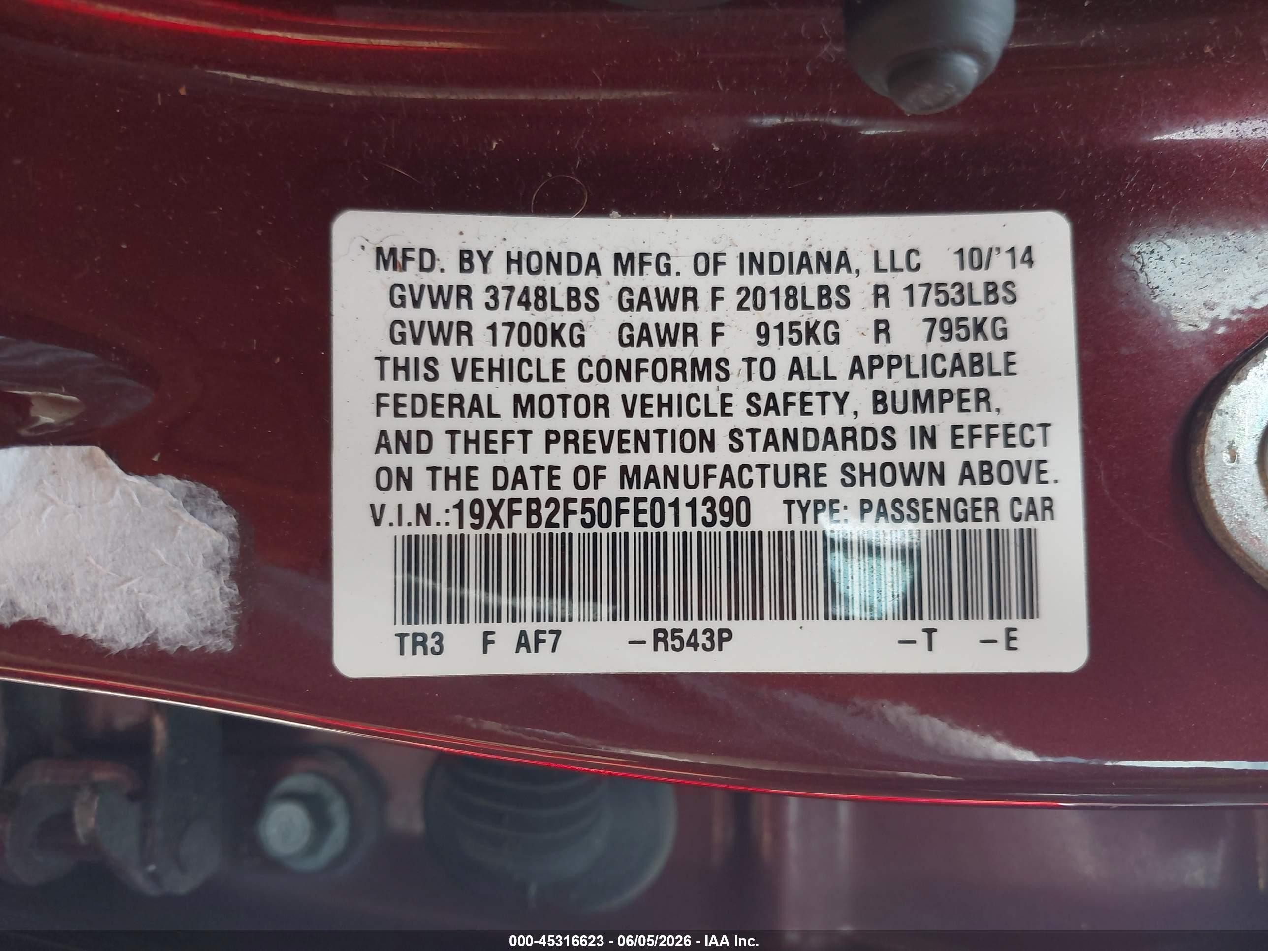 2015 Honda Civic Lx Red vin: 19XFB2F50FE011390