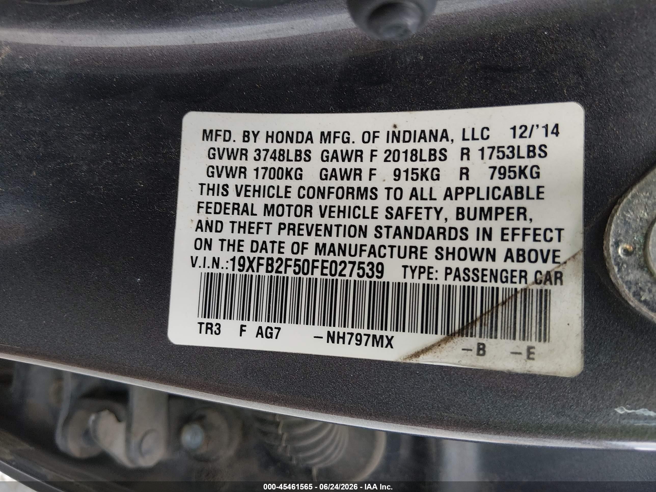 2015 Honda Civic Lx Серый vin: 19XFB2F50FE027539