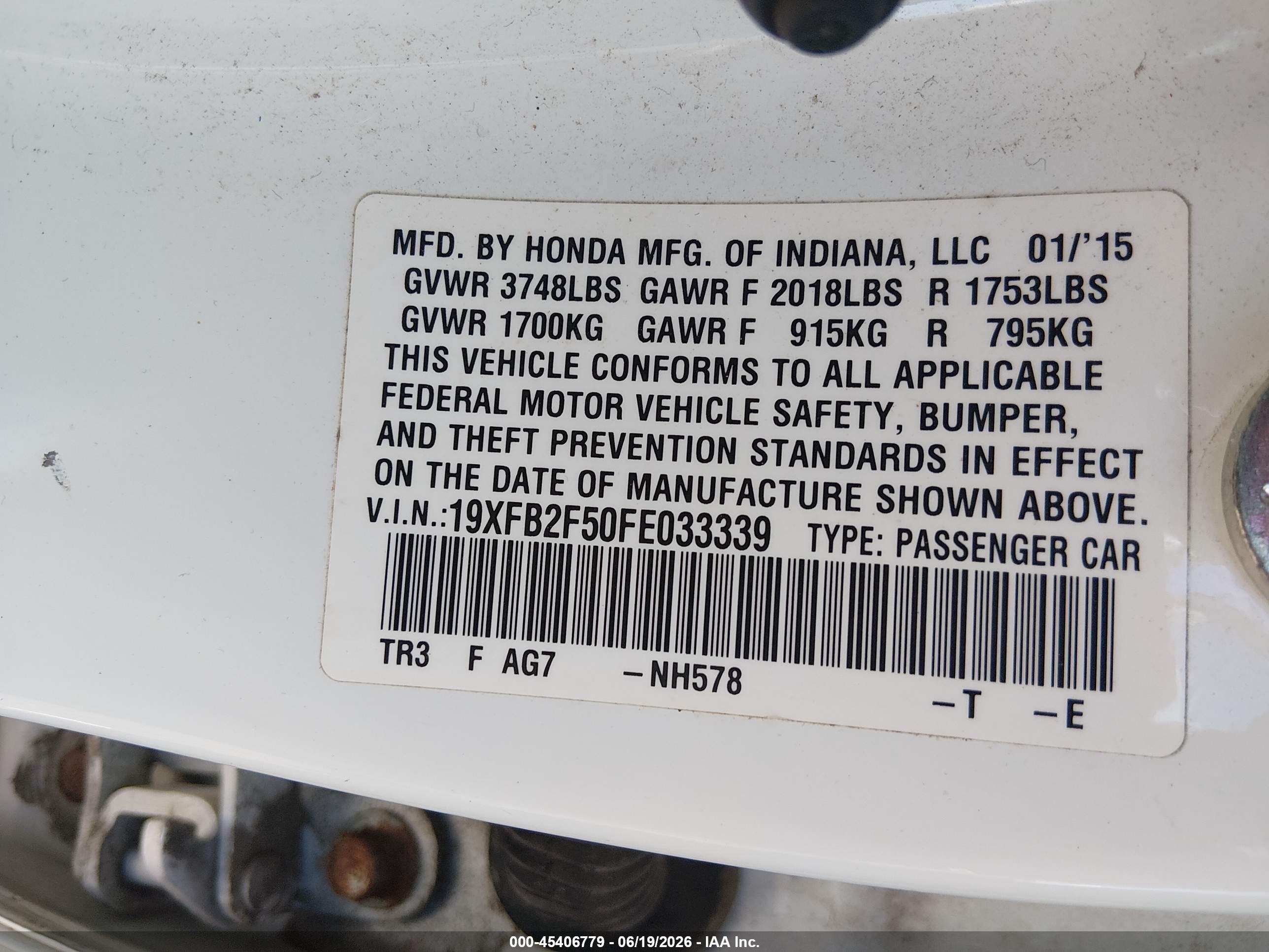 2015 Honda Civic Lx White vin: 19XFB2F50FE033339