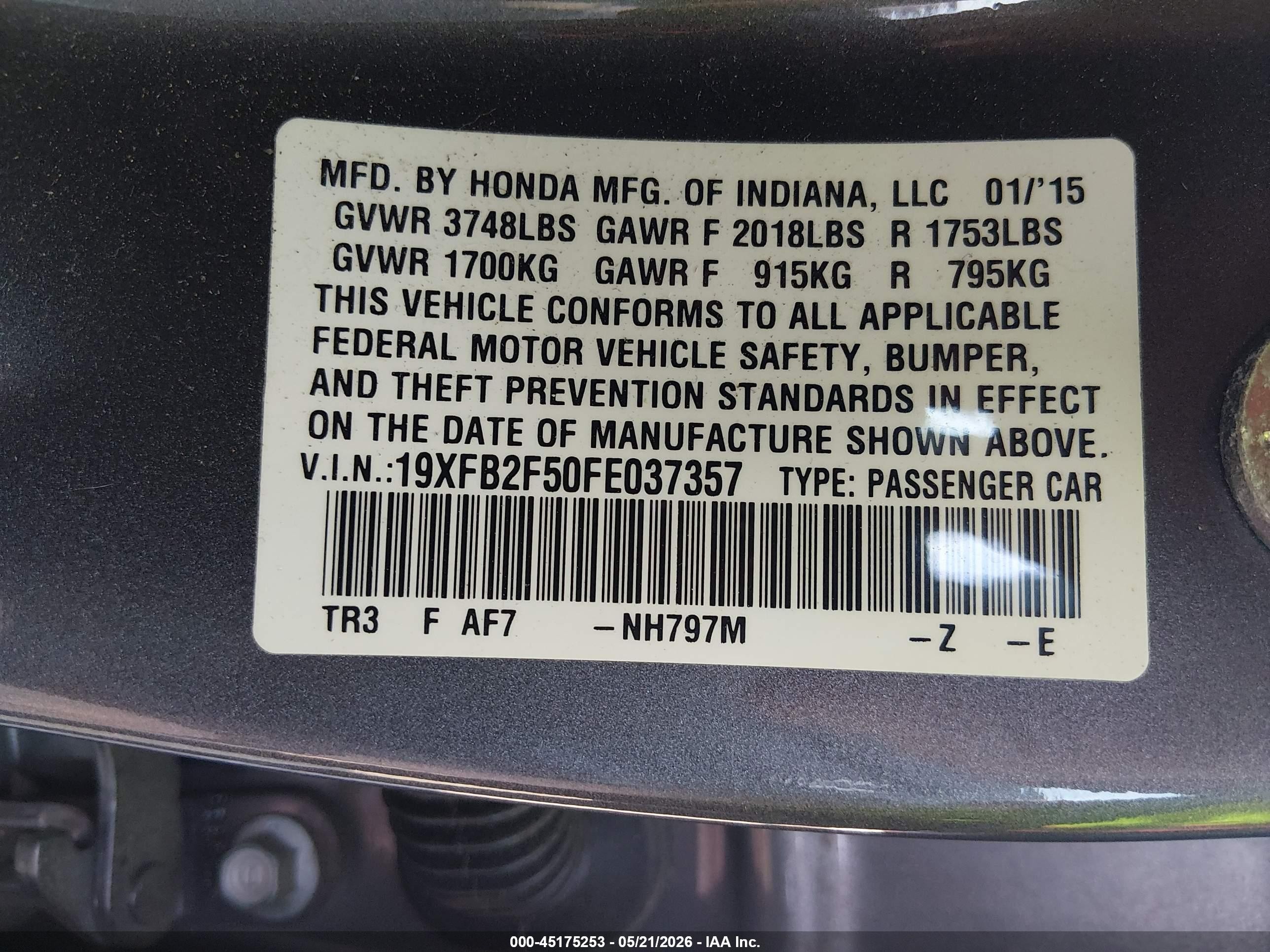 2015 Honda Civic Lx Gray vin: 19XFB2F50FE037357