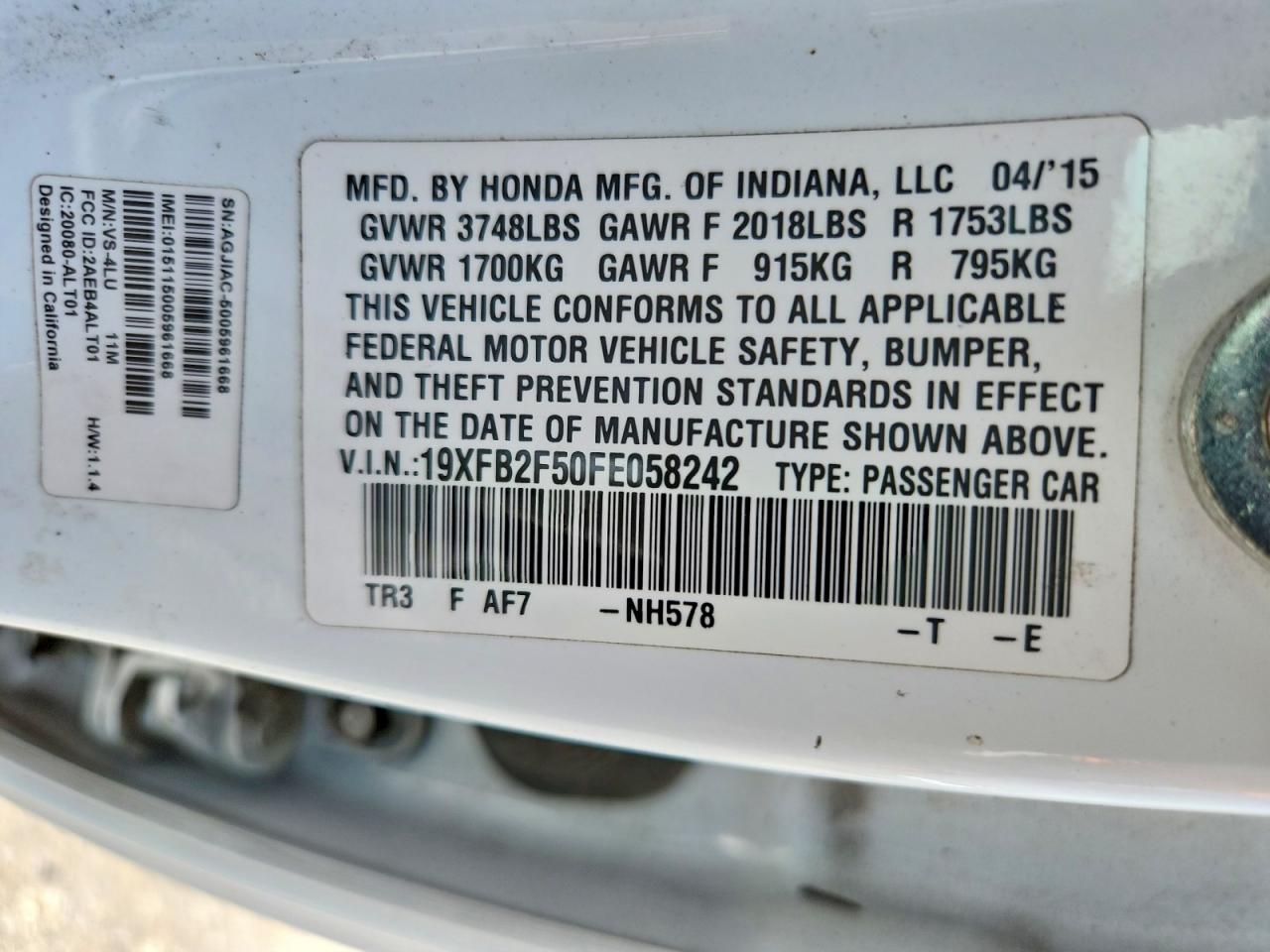 2015 Honda Civic Lx White vin: 19XFB2F50FE058242