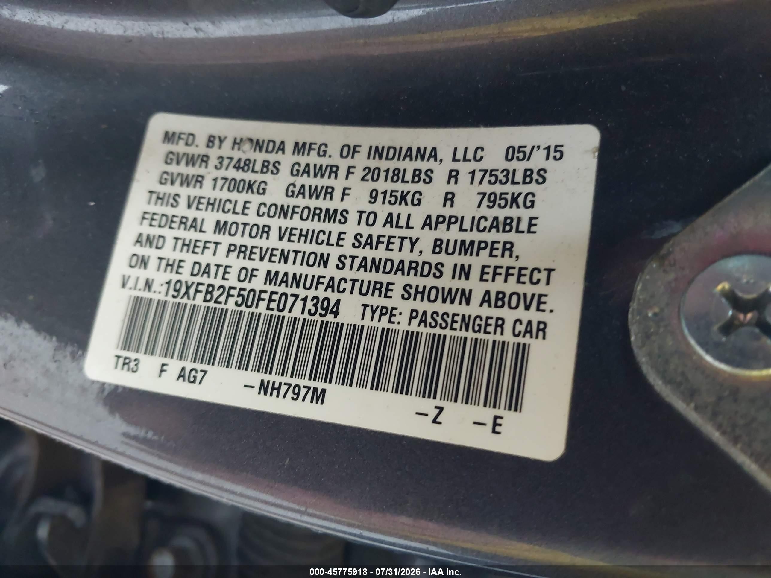 2015 Honda Civic Lx Gray vin: 19XFB2F50FE071394