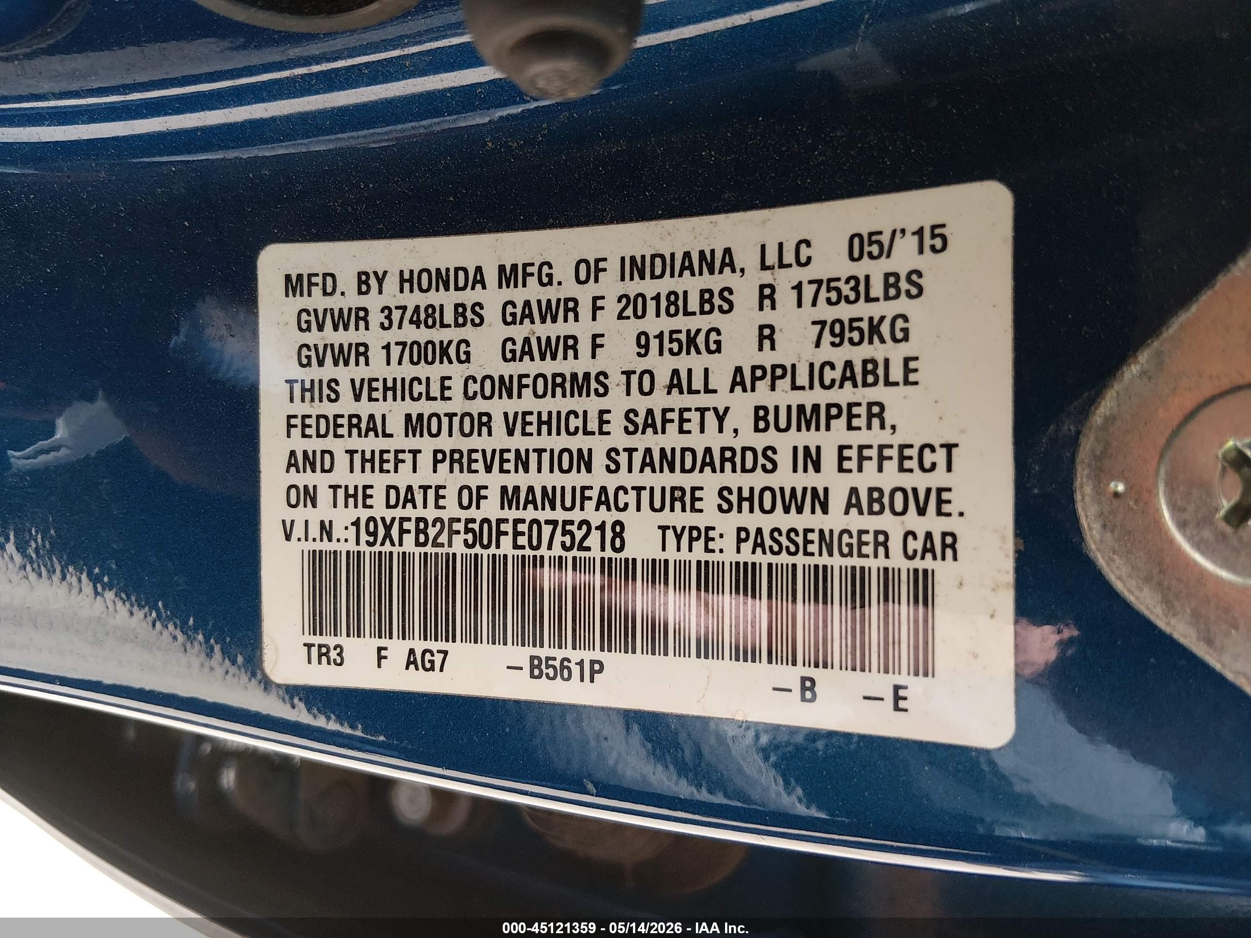 2015 Honda Civic Lx Blue vin: 19XFB2F50FE075218