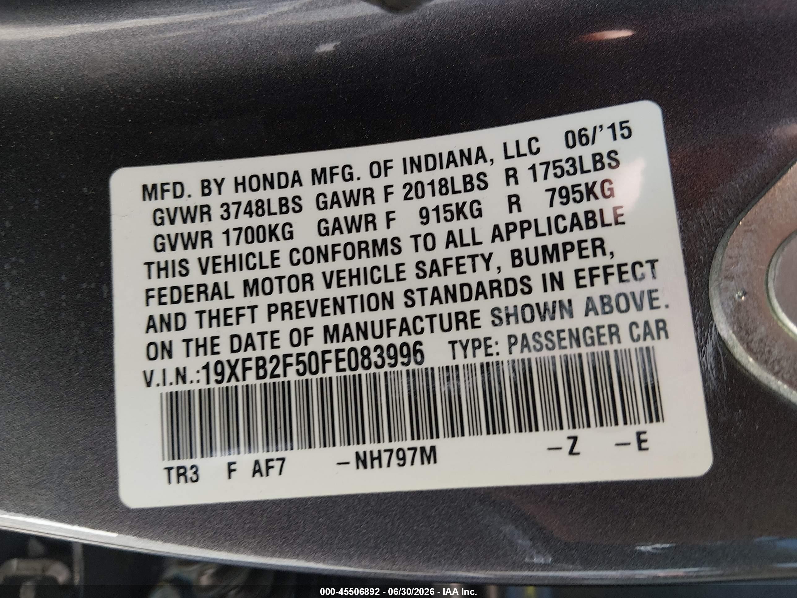 2015 Honda Civic Lx Gray vin: 19XFB2F50FE083996