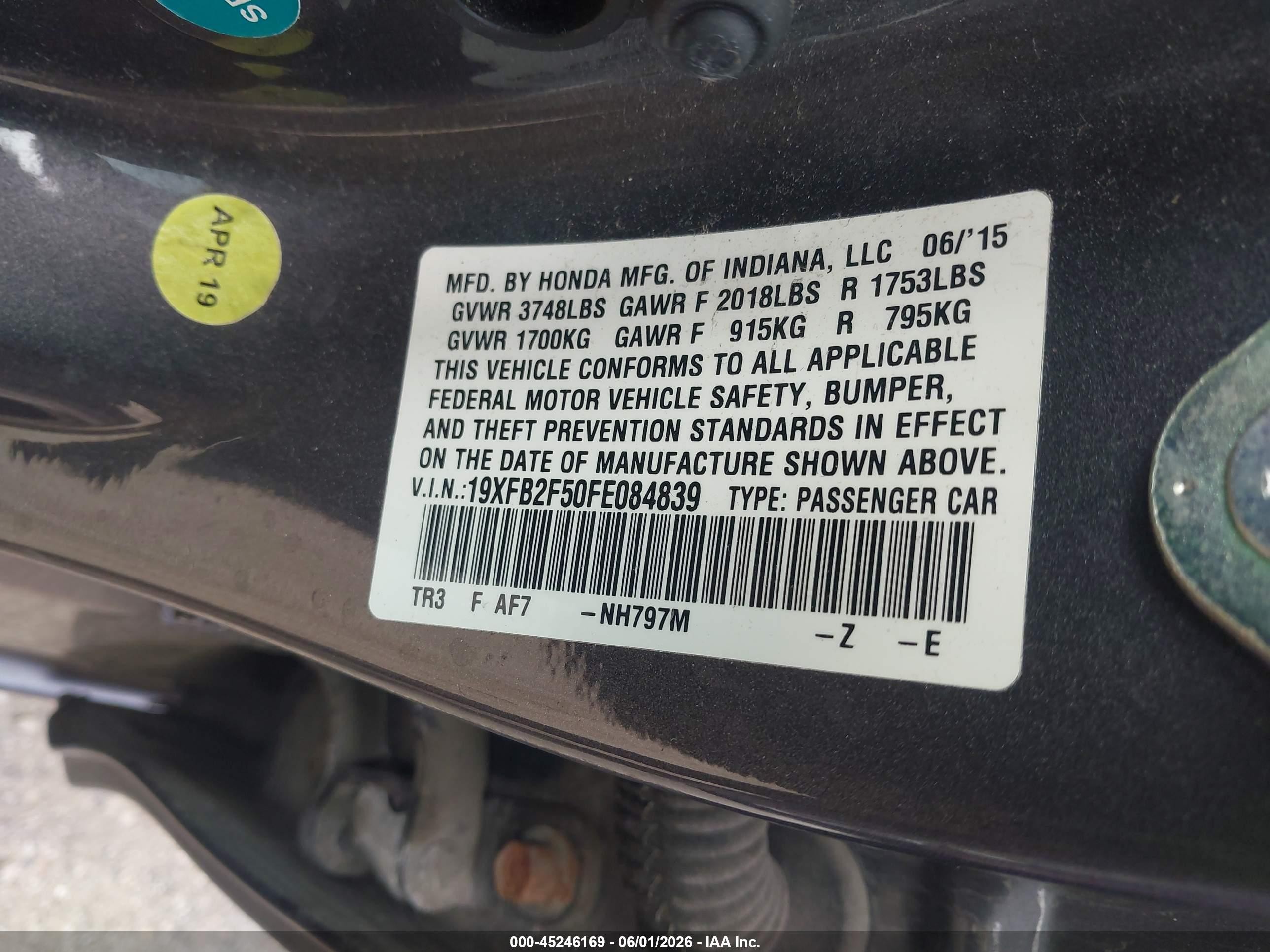 2015 Honda Civic Lx Gray vin: 19XFB2F50FE084839