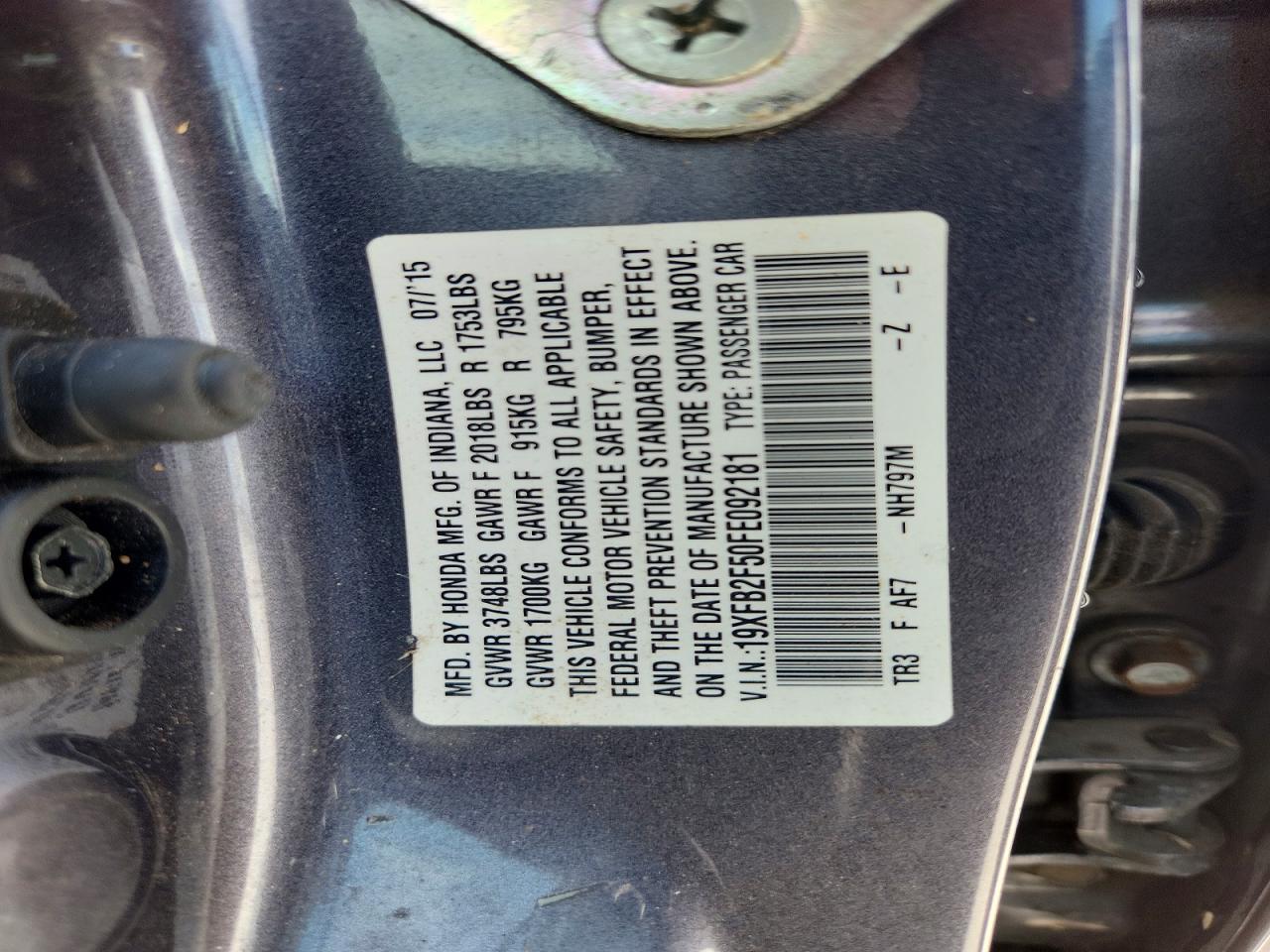 2015 Honda Civic Lx Gray vin: 19XFB2F50FE092181
