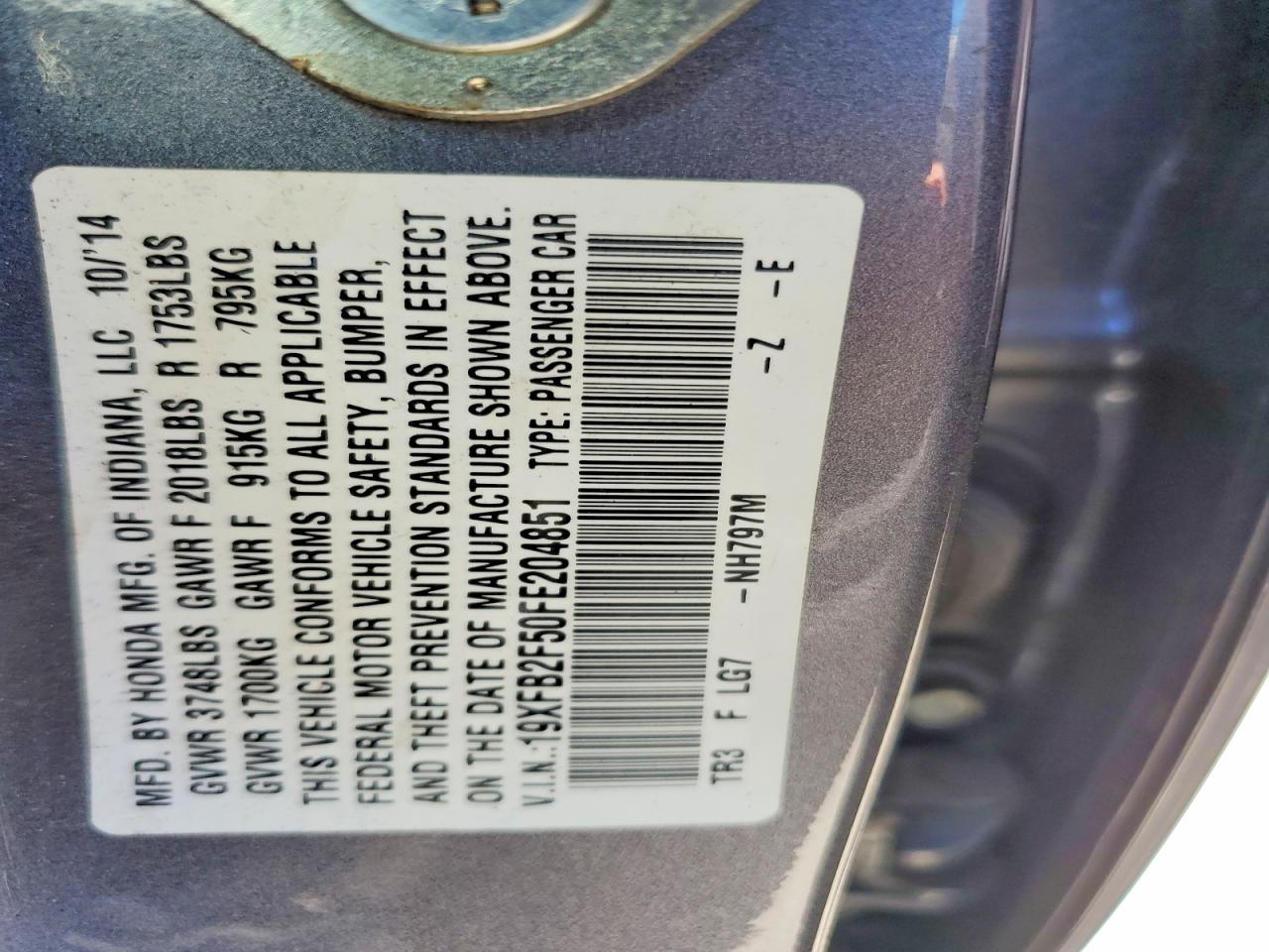 2015 Honda Civic Lx Серый vin: 19XFB2F50FE204851