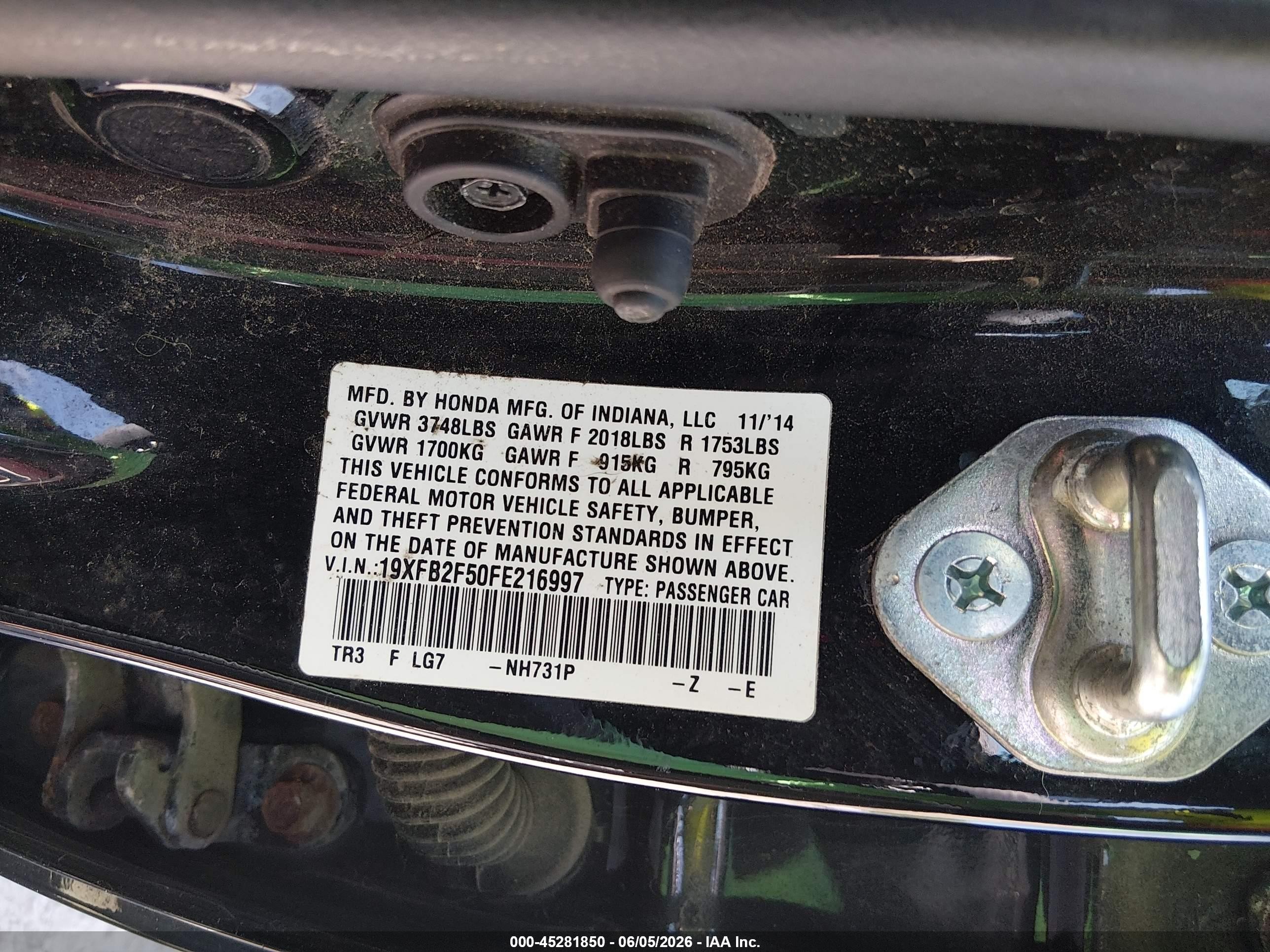 2015 Honda Civic Lx Black vin: 19XFB2F50FE216997