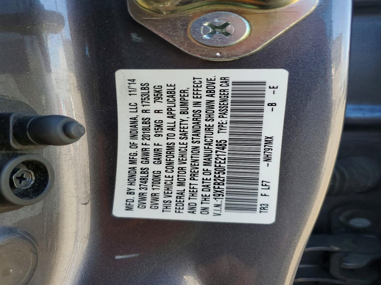 2015 Honda Civic Lx Gray vin: 19XFB2F50FE217485