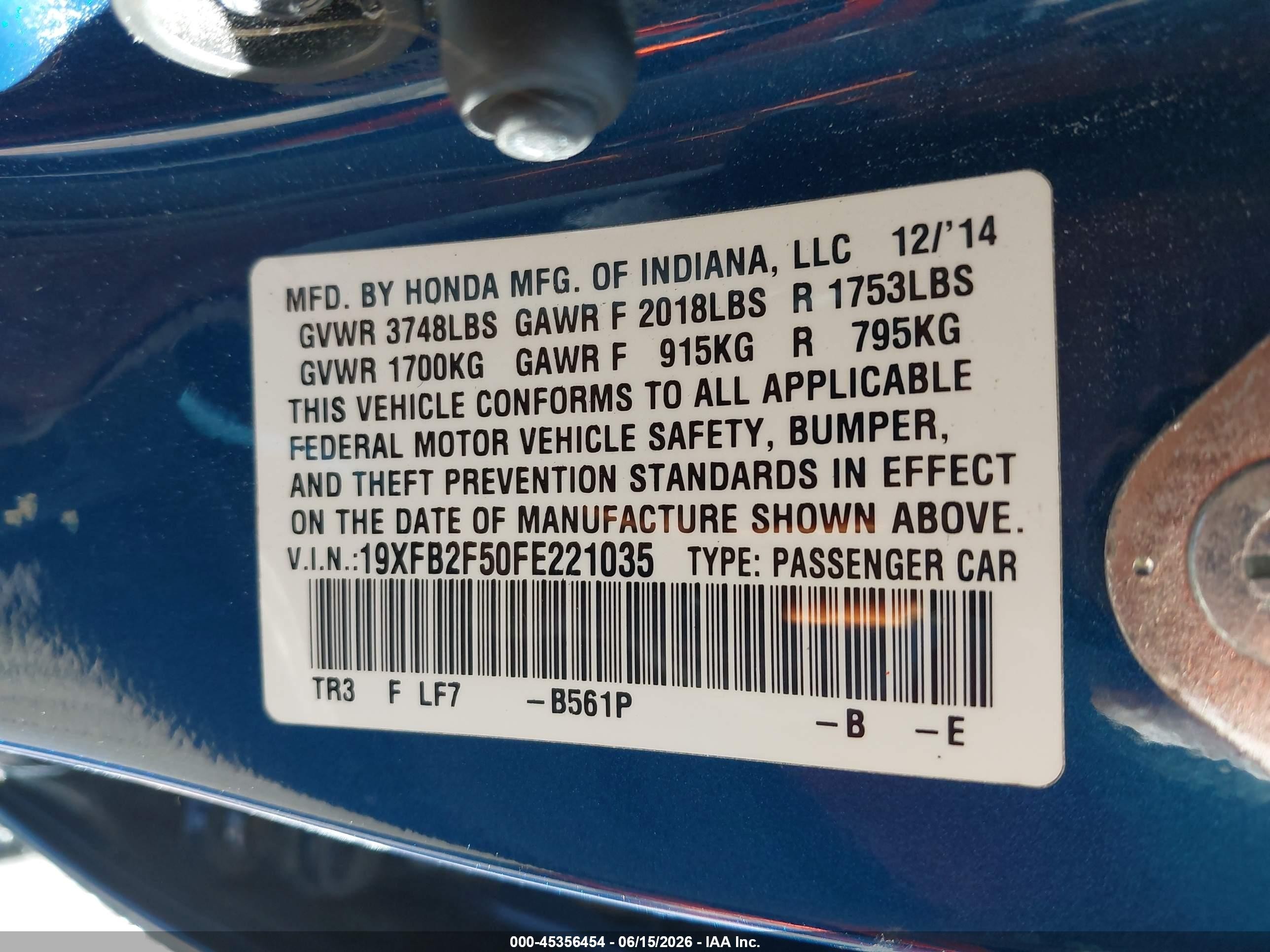 2015 Honda Civic Lx Blue vin: 19XFB2F50FE221035
