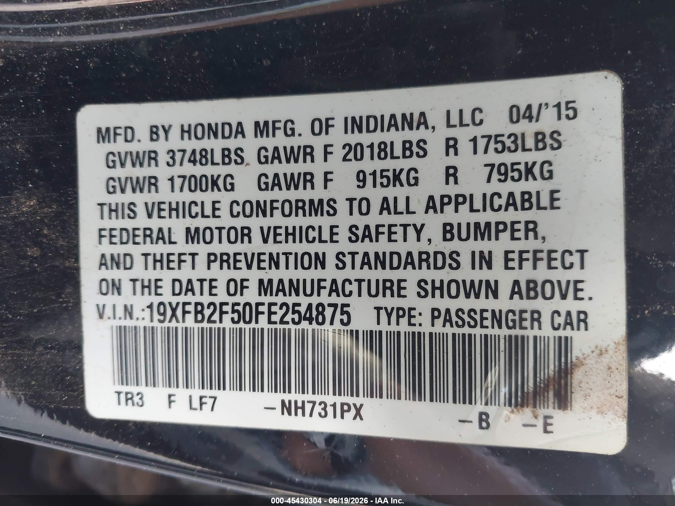 2015 Honda Civic Lx Black vin: 19XFB2F50FE254875