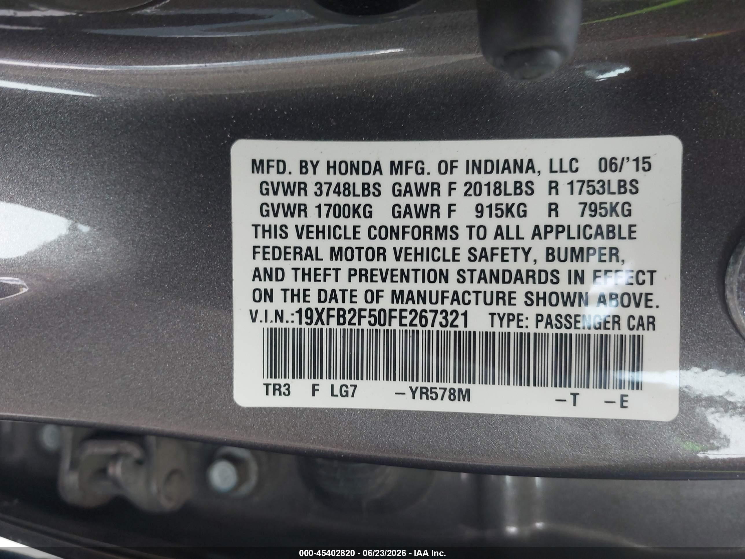 2015 Honda Civic Lx Dark Brown vin: 19XFB2F50FE267321