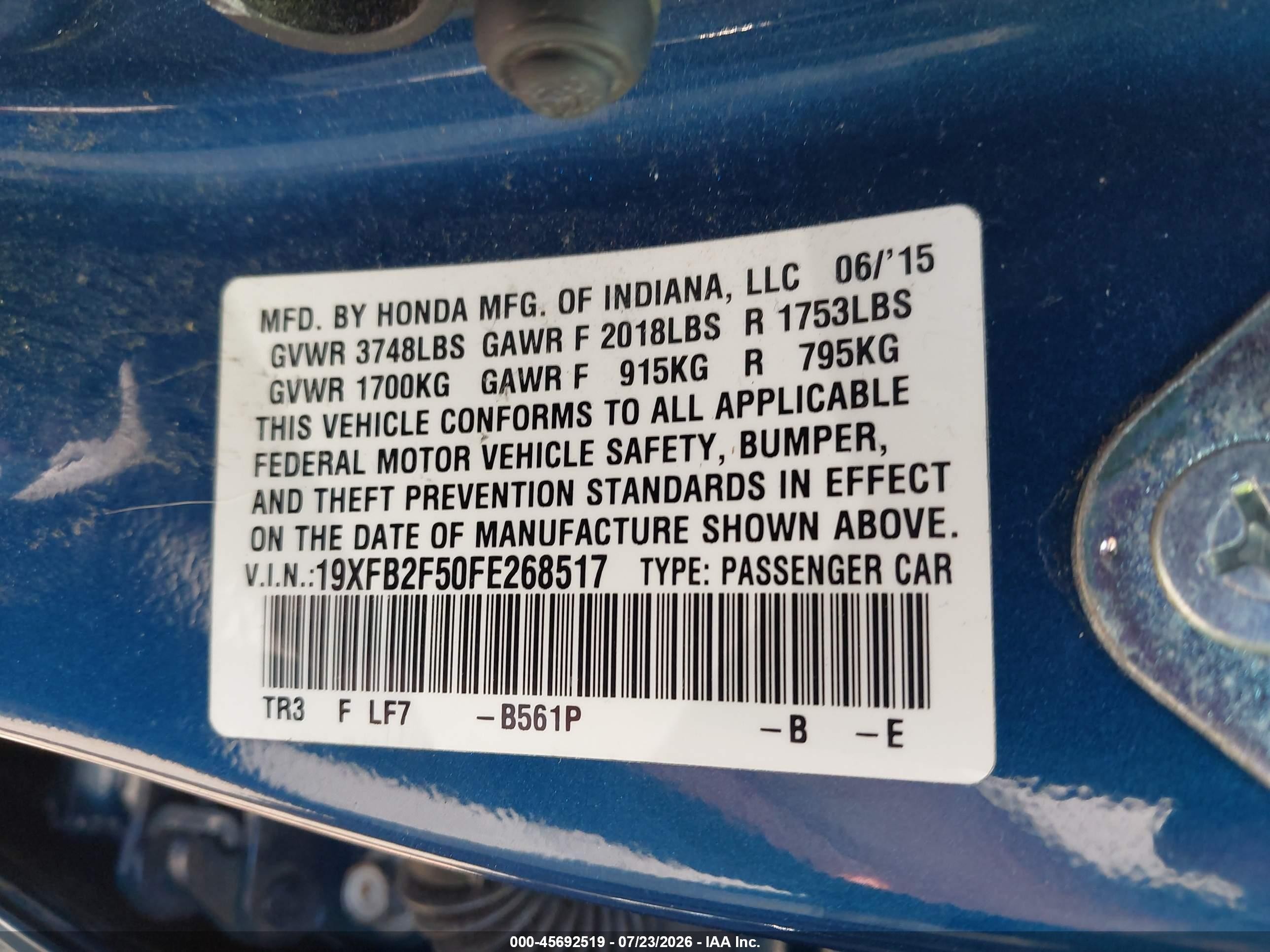 2015 Honda Civic Lx Синий vin: 19XFB2F50FE268517
