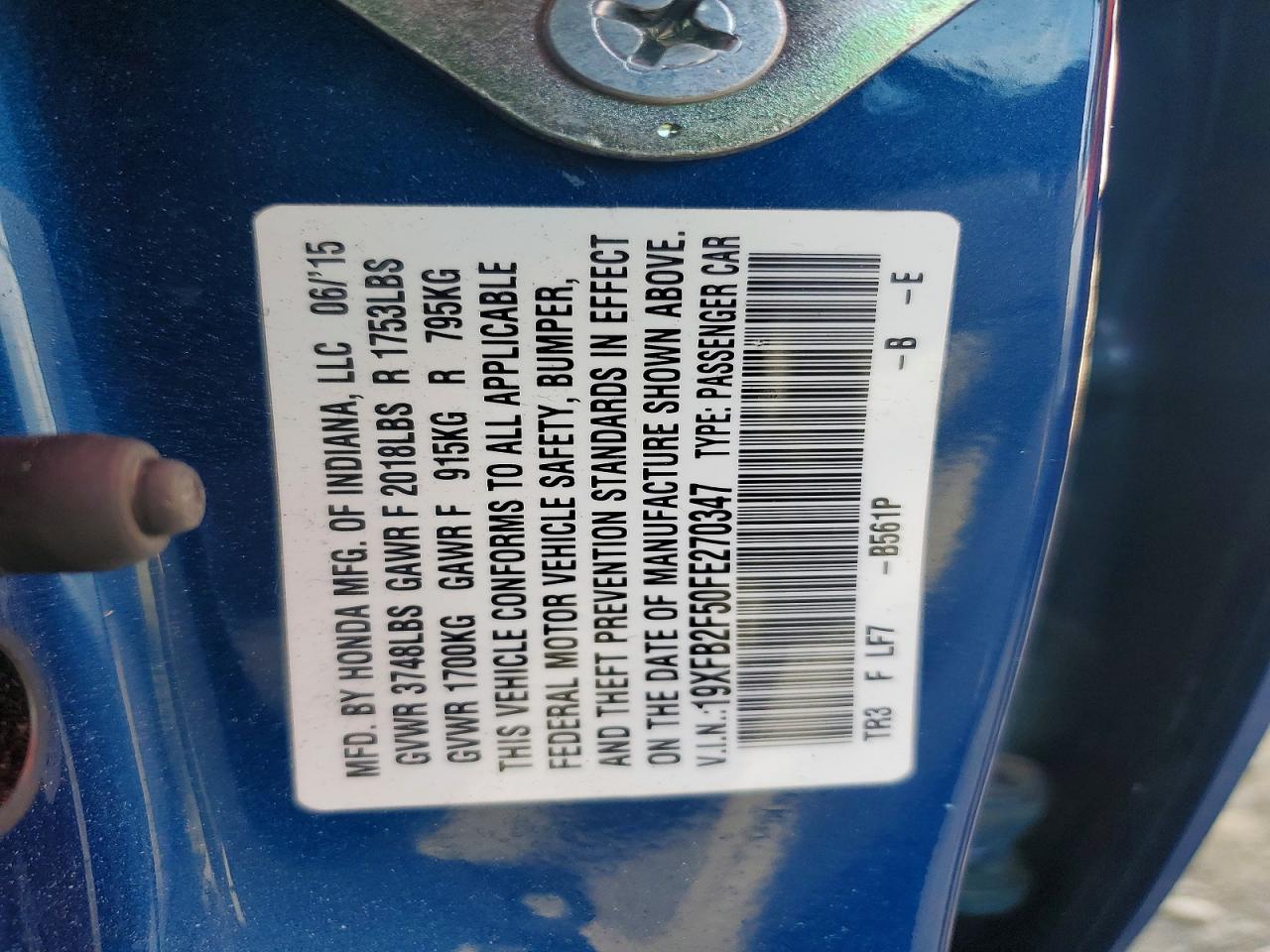 2015 Honda Civic Lx Blue vin: 19XFB2F50FE270347