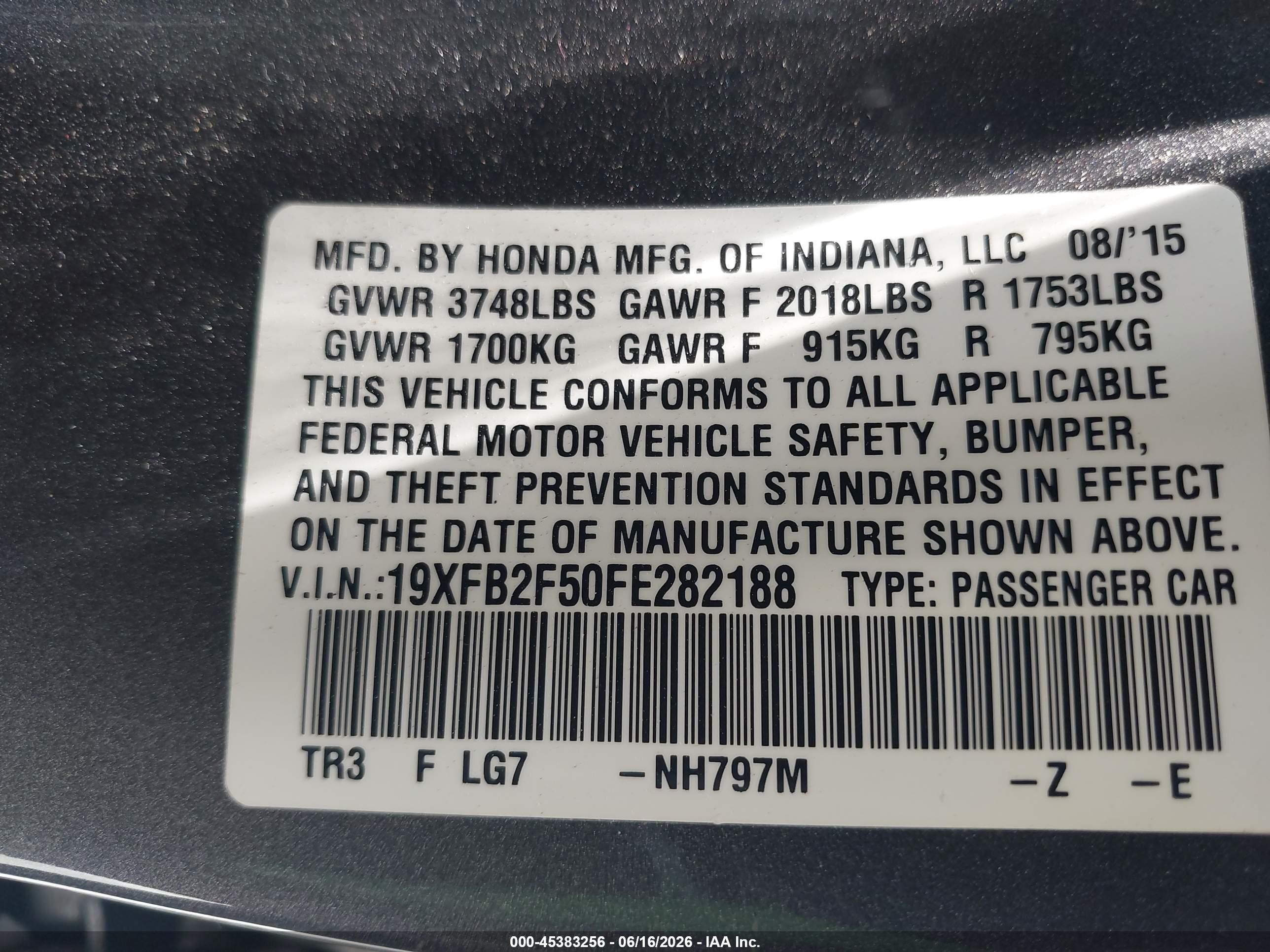 2015 Honda Civic Lx Серый vin: 19XFB2F50FE282188