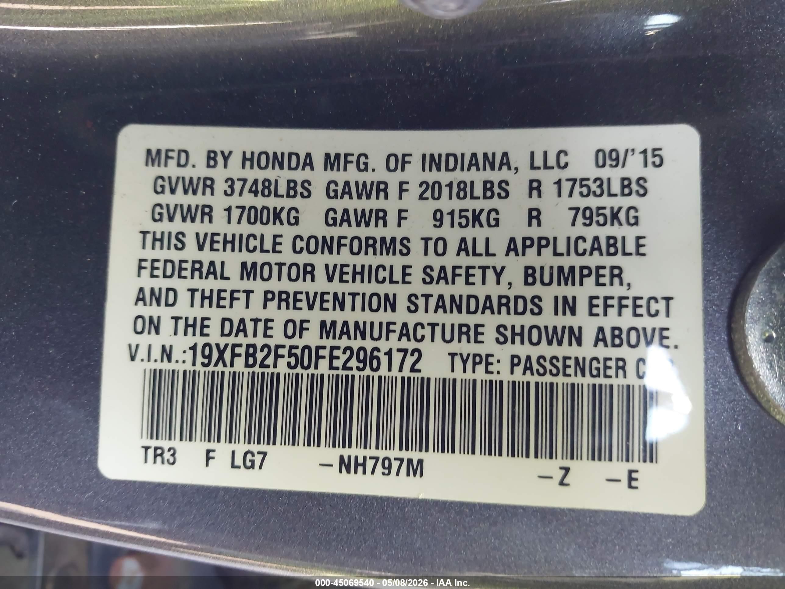 2015 Honda Civic Lx Gray vin: 19XFB2F50FE296172
