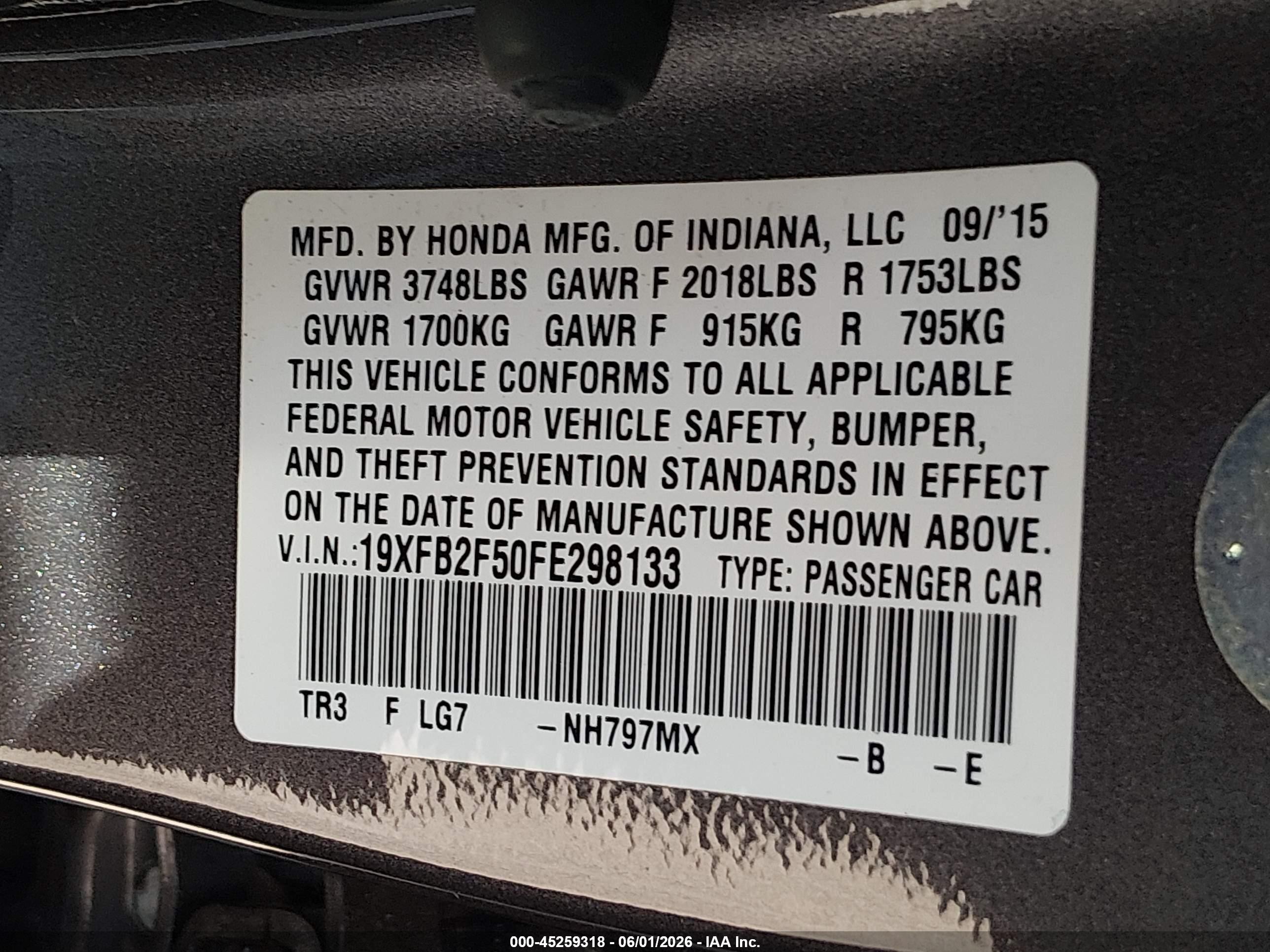 2015 Honda Civic Lx Gray vin: 19XFB2F50FE298133