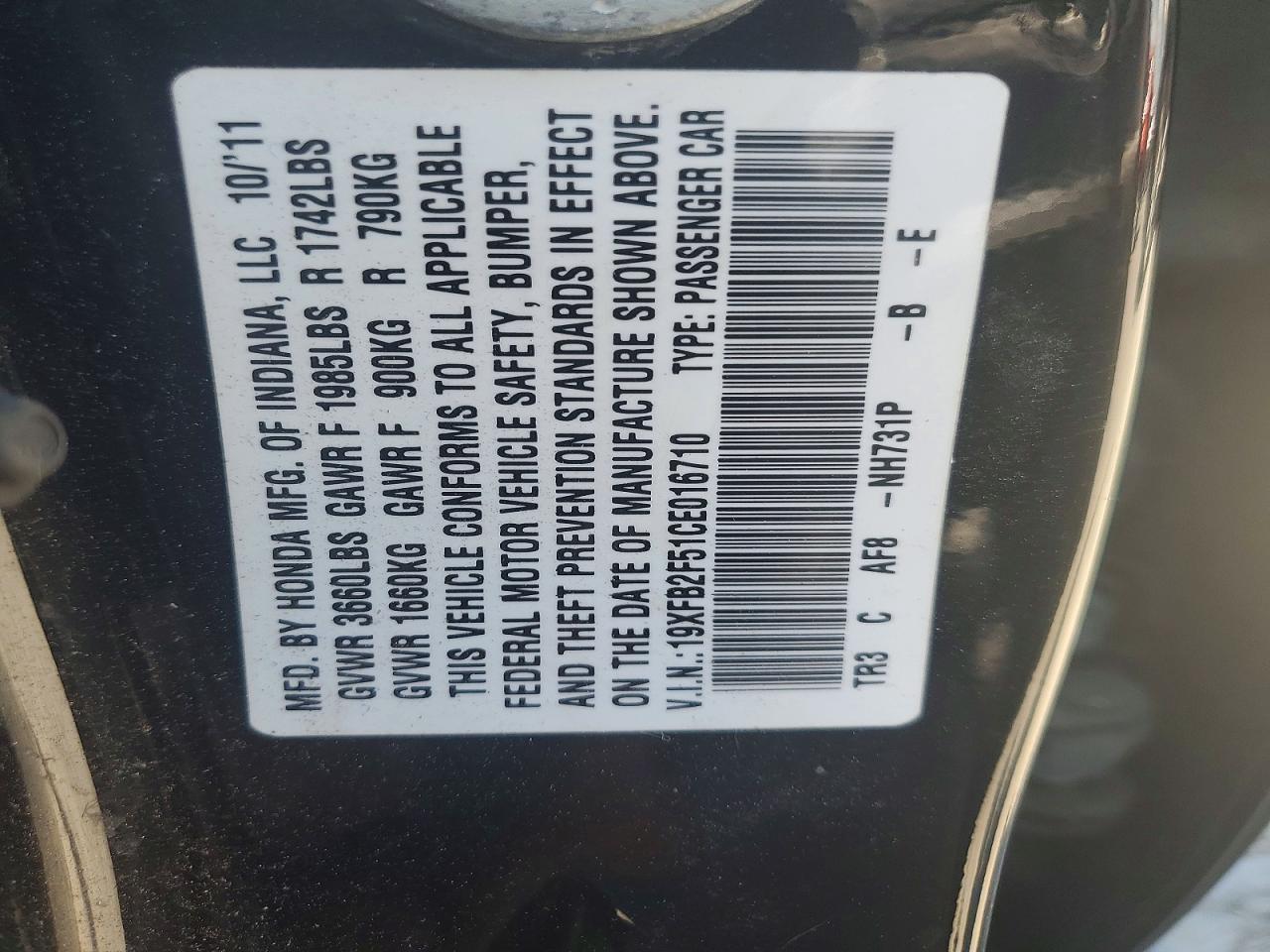 2012 Honda Civic Lx Black vin: 19XFB2F51CE016710