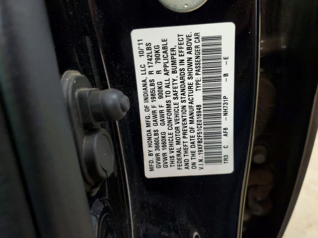 2012 Honda Civic Lx Black vin: 19XFB2F51CE016948