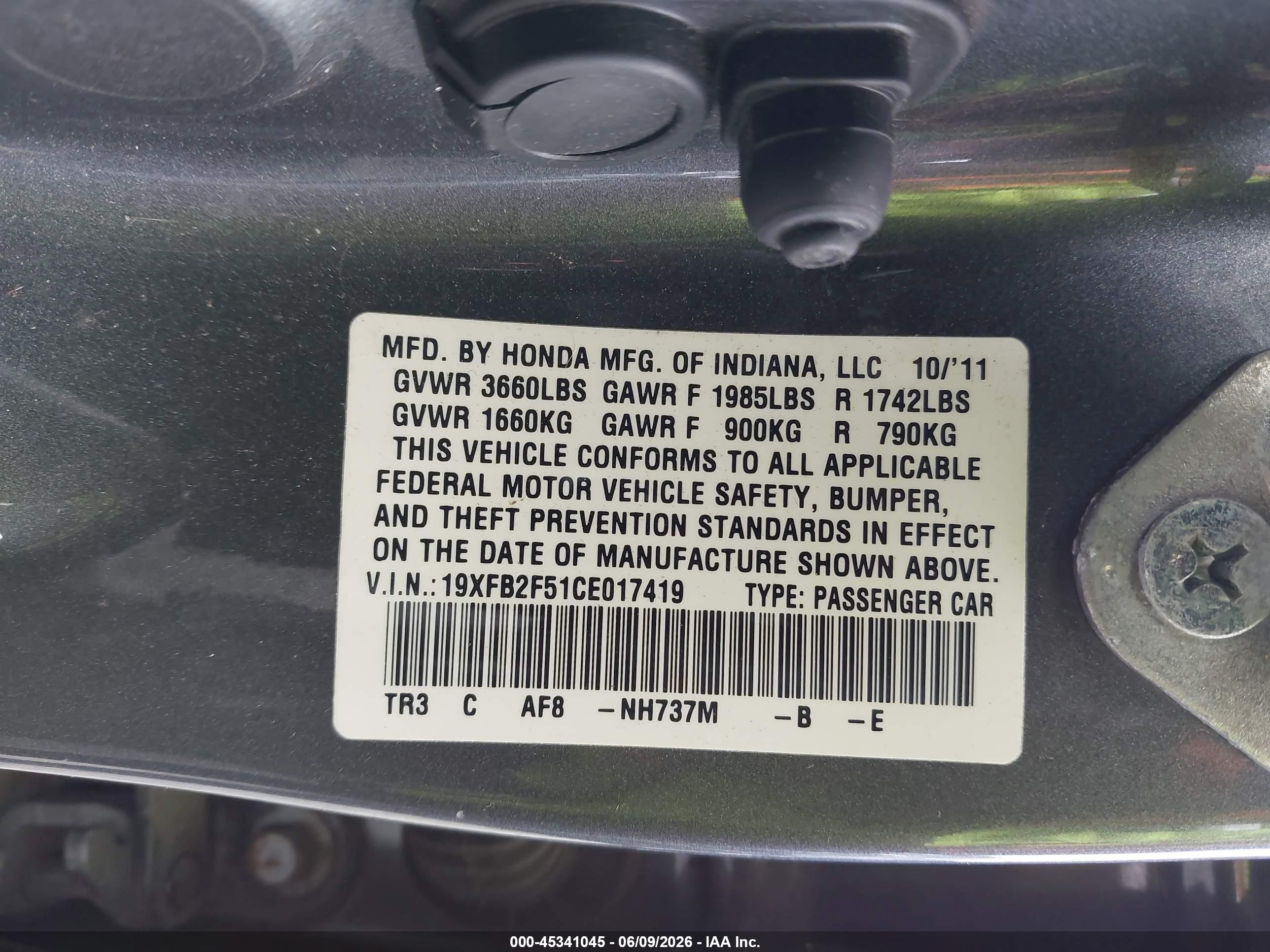 2012 Honda Civic Lx Gray vin: 19XFB2F51CE017419